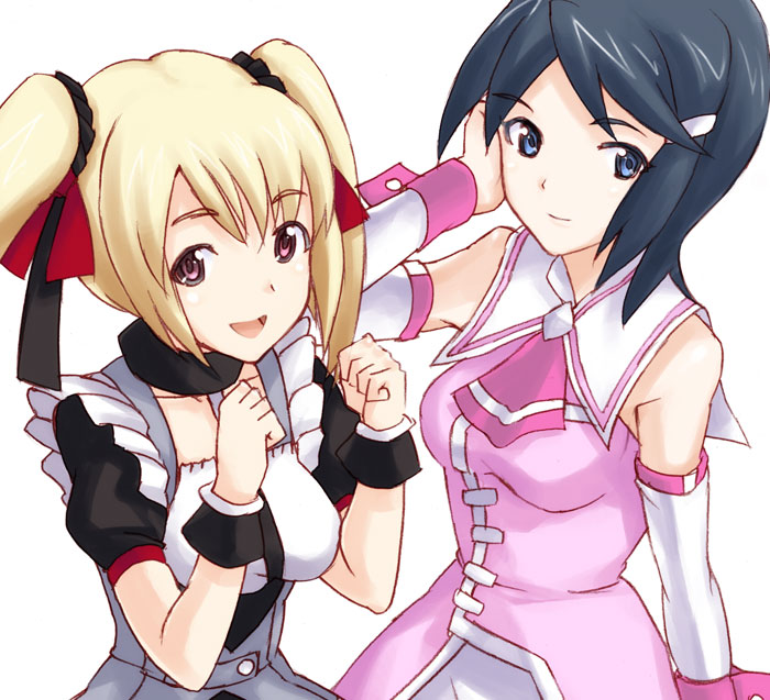 risoni, mizutani eri, suzuki ayane, idolmaster, idolmaster dearly stars, bad id, bad pixiv id, 00s, bare shoulders, blonde hair, blue eyes, blue hair, cute & girly (idolmaster), dress, hair ornament, hairclip, red eyes, short hair, smile, twintails, wrist cuffs