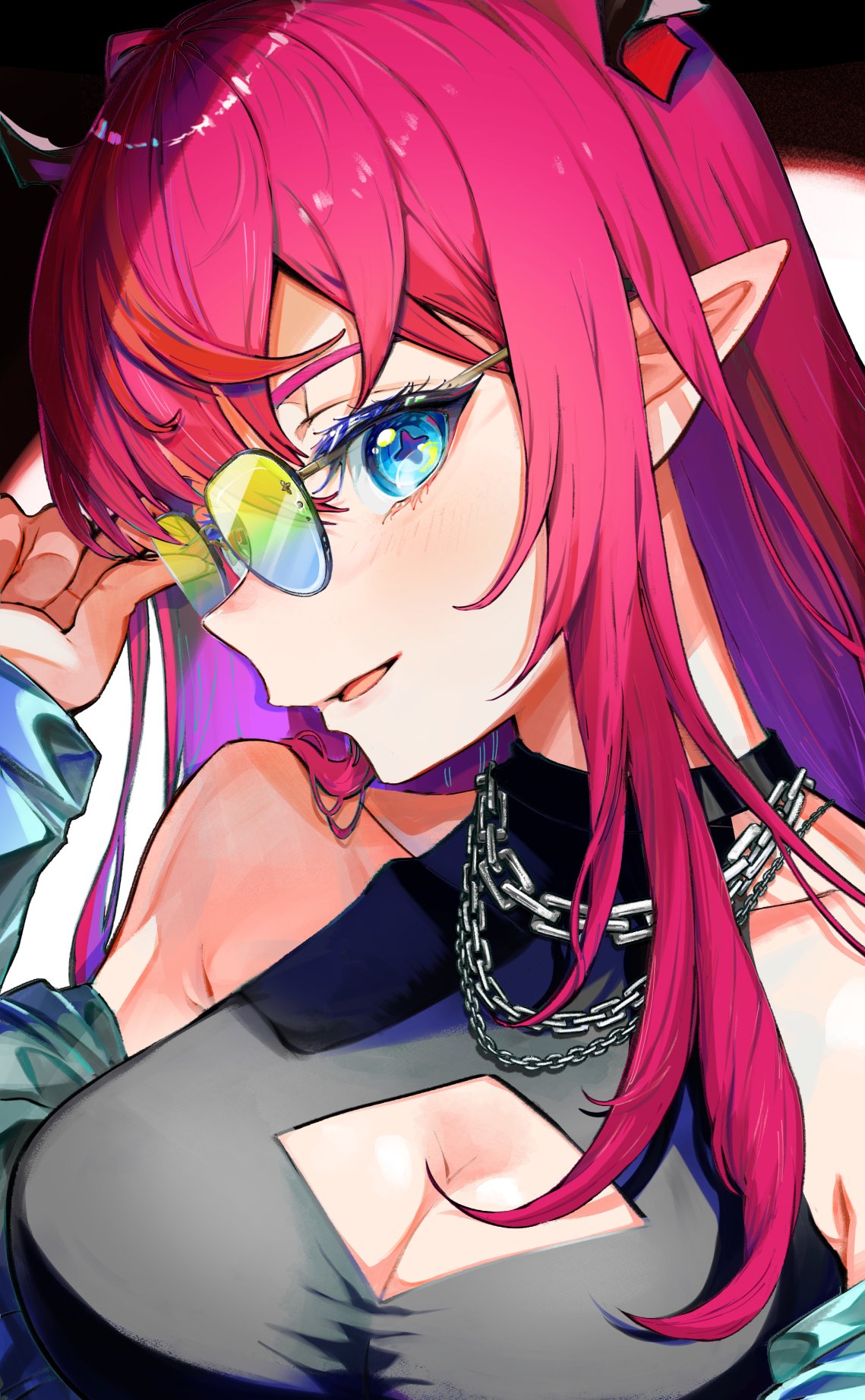 iris (tb33064667), irys (hololive), hololive, hololive english, highres, 1girl, bare shoulders, black horns, black shirt, blue eyes, breasts, cleavage, horns, large breasts, multicolored hair, pointy ears, purple hair, red hair, shirt, solo, sunglasses, two-tone hair, upper body, virtual youtuber