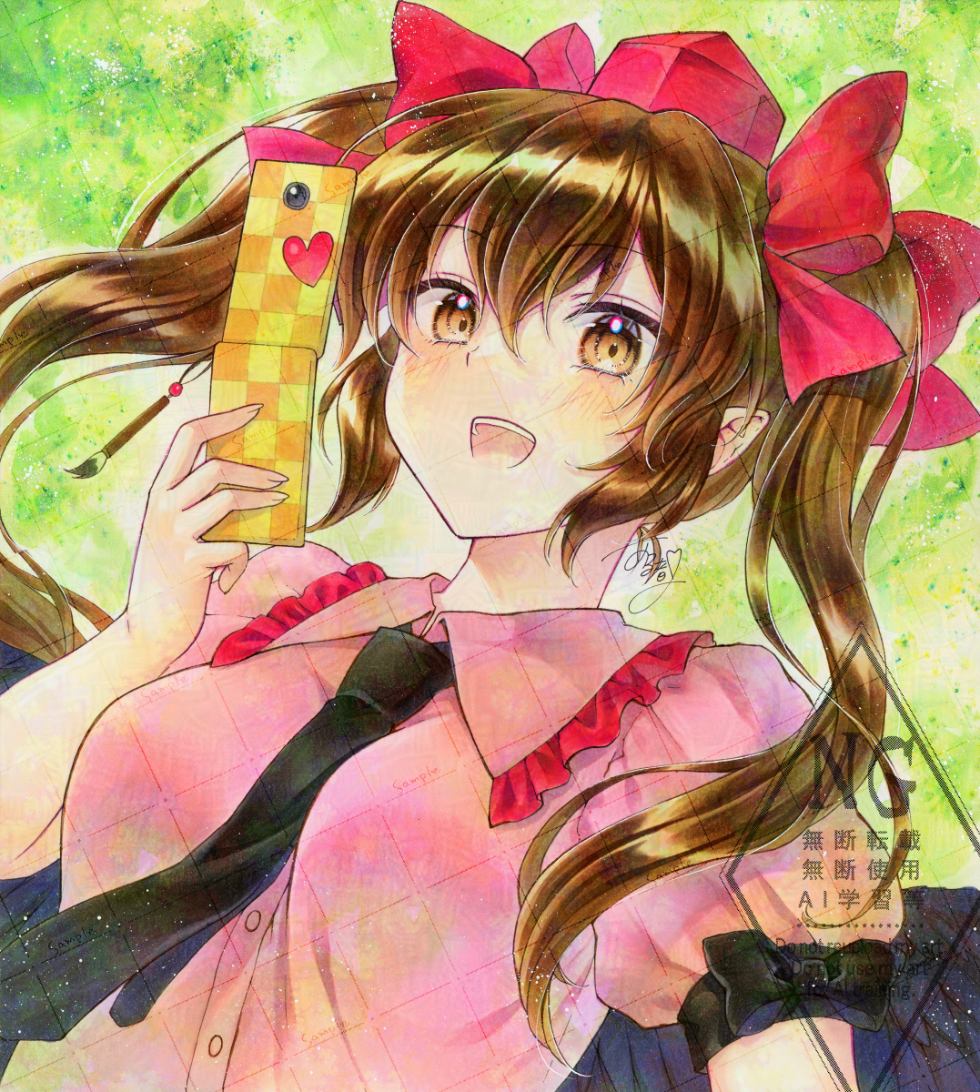 alto2019, himekaidou hatate, touhou, commentary, highres, marker (medium), traditional media, 1girl, :d, black necktie, black wings, bow, brown eyes, brown hair, cellphone, collared shirt, feathered wings, flip phone, frilled shirt collar, frills, green background, hair bow, hat, holding, holding phone, long hair, necktie, open mouth, phone, pink shirt, pointy ears, puffy short sleeves, puffy sleeves, red bow, red hat, shirt, short sleeves, signature, smile, solo, tokin hat, twintails, watermark, watermark grid, wings