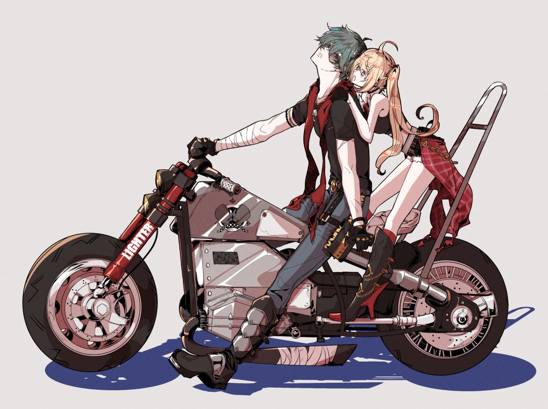 nanawo, lighter (zenless zone zero), luciana de montefio, zenless zone zero, commentary request, 1boy, 1girl, ahoge, arched back, bandaged arm, bandages, bare shoulders, behind another, black boots, black gloves, black shirt, black shorts, blonde hair, blue pants, boots, crop top, from side, full body, gloves, green eyes, green hair, grey background, half gloves, hand on another's shoulder, hetero, leaning on person, long hair, looking at another, looking back, micro shorts, motor vehicle, motorcycle, no jacket, on motorcycle, open mouth, pants, red eyes, red scarf, scar, scar on arm, scarf, shadow, shirt, short hair, shorts, side ponytail, sunglasses, t-shirt