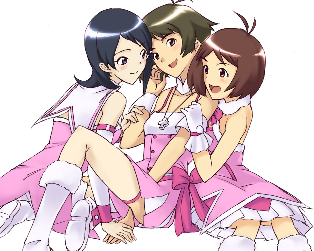 risoni, akizuki ryo, hidaka ai, mizutani eri, idolmaster, idolmaster dearly stars, bad id, bad pixiv id, 00s, 1boy, 2girls, ahoge, antenna hair, bare shoulders, blue eyes, blue hair, blush, boots, brown eyes, brown hair, cross, crossdressing, cute & girly (idolmaster), gloves, hair ornament, hairclip, jewelry, multiple girls, necklace, open mouth, red eyes, short hair, simple background, smile, thighhighs, trap, white background