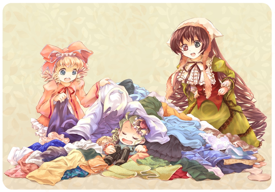 yugusa yuube, hinaichigo, kanaria, suiseiseki, rozen maiden, 00s, 3girls, binoculars, blonde hair, blue eyes, bow, brown hair, dress, drill hair, frills, green dress, green eyes, green hair, hat, headscarf, heterochromia, holding, lolita fashion, long hair, lying, multiple girls, open mouth, pink dress, red eyes, ribbon, twin drills, twintails, very long hair, white headscarf