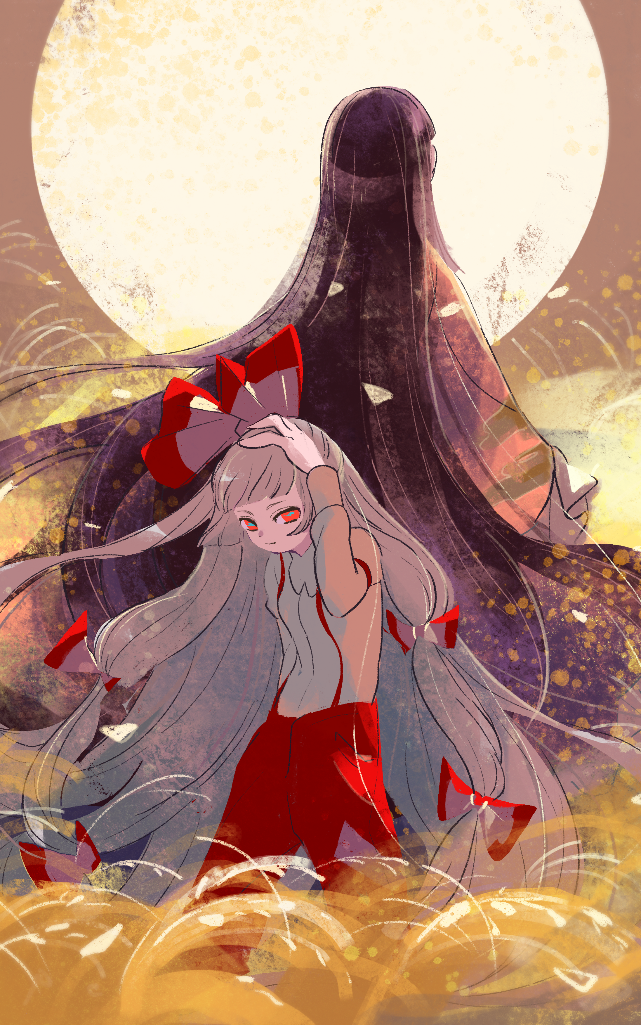 rarara-men, fujiwara no mokou, houraisan kaguya, touhou, absurdres, commentary, highres, 2girls, absurdly long hair, black hair, bow, full moon, hair bow, long hair, long skirt, long sleeves, moon, multiple girls, multiple hair bows, outdoors, pants, red eyes, red pants, red suspenders, reeds, shirt, skirt, straight hair, very long hair, white hair
