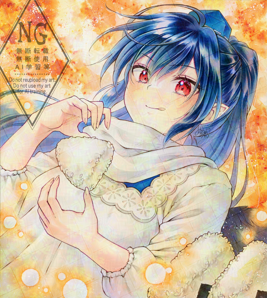 alto2019, iizunamaru megumu, touhou, commentary request, highres, marker (medium), traditional media, 1girl, :p, alternate costume, apron, black wings, blue dress, blue hair, blue hat, blush, cooking, dress, food, hat, kappougi, long hair, long sleeves, onigiri, pointy ears, ponytail, red eyes, scarf, signature, smile, solo, tokin hat, tongue, tongue out, watermark, watermark grid, white apron, white scarf, wings