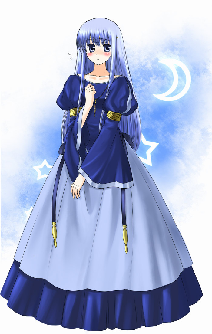 bo (774berry), elincia ridell crimea, julia (fire emblem), fire emblem, fire emblem: genealogy of the holy war, fire emblem: path of radiance, nintendo, light purple hair, 1girl, blush, circlet, cosplay, dress, elincia ridell crimea (cosplay), female focus, full body, long hair, moon, purple eyes, solo, star (symbol)