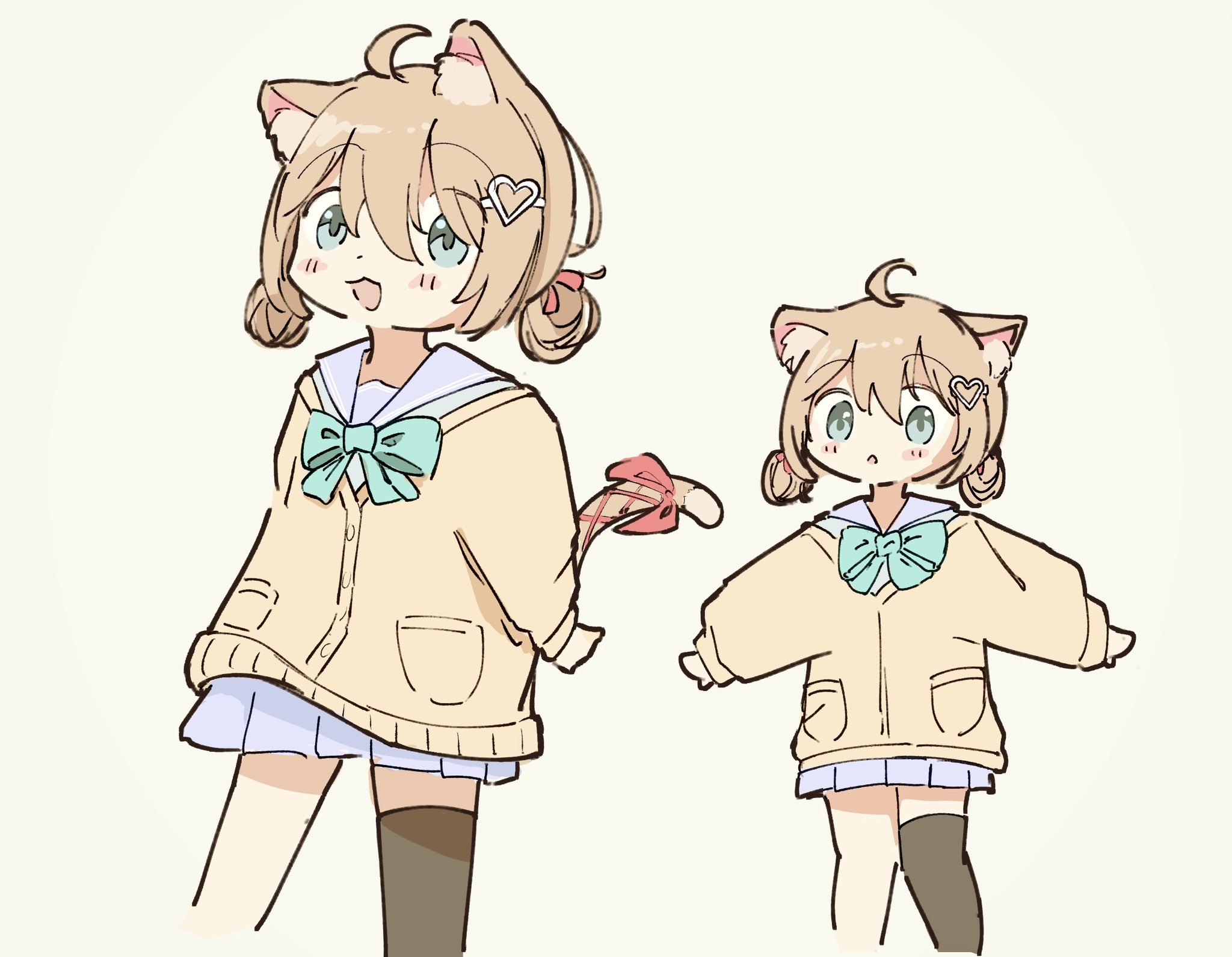 kosame, neuro-sama, highres, 1girl, :3, :d, :o, ahoge, animal ear fluff, animal ears, aqua bow, aqua bowtie, asymmetrical legwear, black thighhighs, blonde hair, blue eyes, blue serafuku, blue skirt, blush, bow, bowtie, cardigan, cat ears, cat girl, cat tail, cropped legs, dot nose, double-parted bangs, double bun, hair between eyes, hair bun, hair ornament, hair ribbon, heart, heart hair ornament, knees together feet apart, long sleeves, looking at viewer, miniskirt, multiple views, no nose, official alternate hairstyle, open mouth, pink ribbon, pleated skirt, ribbon, school uniform, serafuku, simple background, single sock, skirt, smile, socks, tail, tail ornament, tail ribbon, thighhighs, vedal ai, wide-eyed, yellow background, yellow cardigan