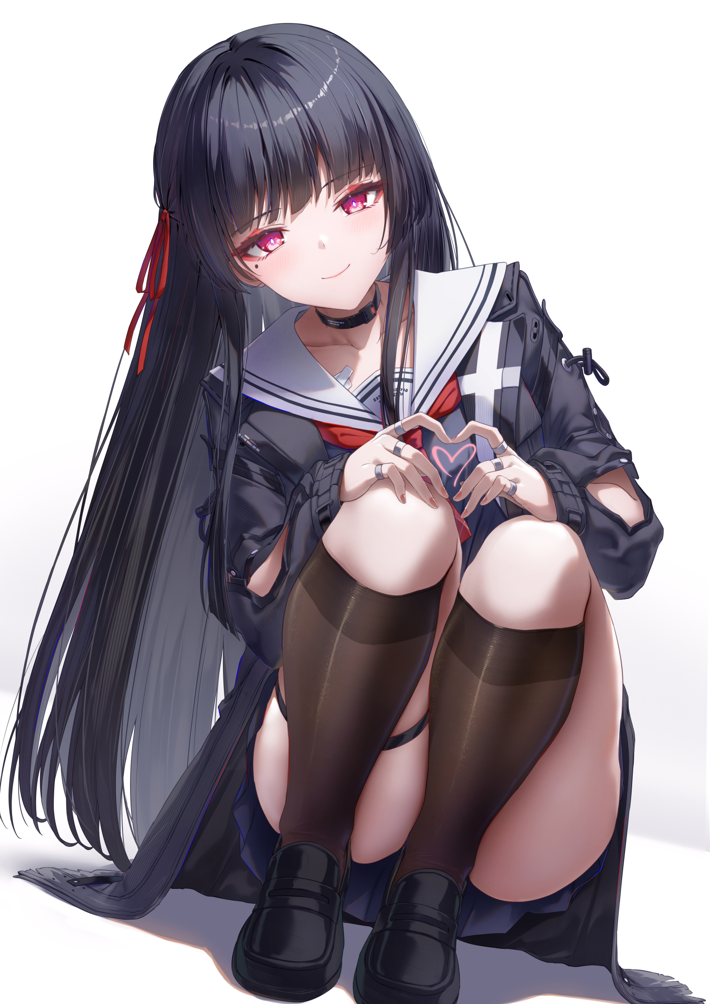 xfate, chisa (wuthering waves), wuthering waves, commentary, highres, 1girl, arm cutout, black choker, black hair, black jacket, black serafuku, black shirt, black shoes, black skirt, black socks, blush, choker, closed mouth, clothing cutout, collarbone, four-finger heart hands, full body, hair ribbon, heart, heart hands, jacket, long hair, long sleeves, looking at viewer, mole, mole under eye, neckerchief, red eyes, red neckerchief, red ribbon, ribbon, sailor collar, school uniform, serafuku, shirt, shoes, simple background, skirt, smile, socks, solo, squatting, thigh strap, very long hair, white background, white sailor collar