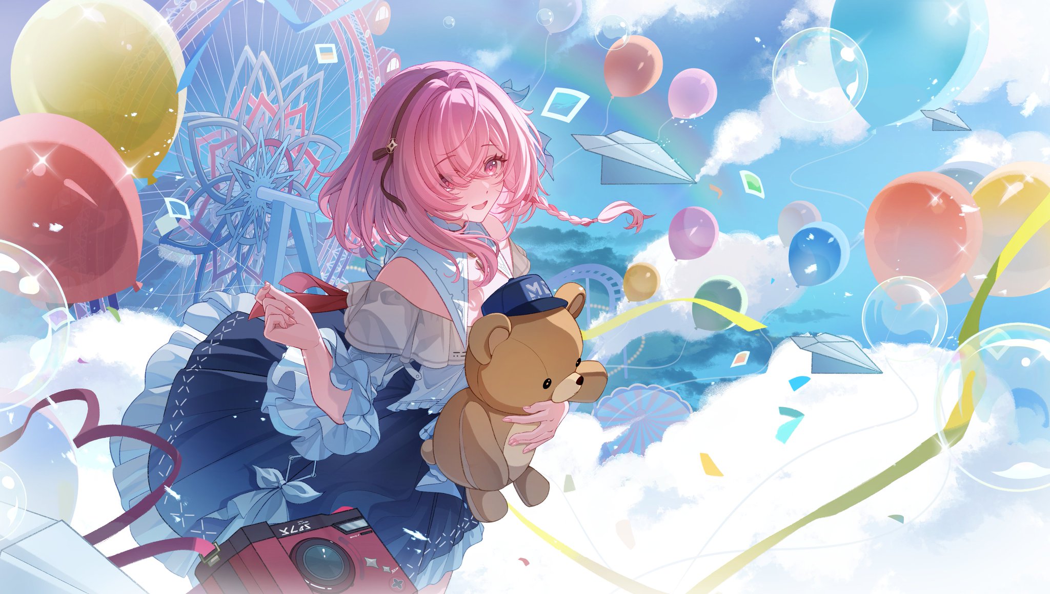 camunekoz, skuld (aether gazer), aether gazer, commentary request, highres, 1girl, balloon, black hairband, blue skirt, braid, bubble, cloud, confetti, day, ferris wheel, fingernails, frilled skirt, frilled sleeves, frills, from side, hairband, hand up, holding, holding balloon, holding stuffed toy, long sleeves, medium hair, open mouth, outdoors, paper airplane, pink eyes, pink hair, polaroid camera, shirt, side braid, skirt, sky, smile, solo, standing, stuffed animal, stuffed toy, teddy bear, white shirt