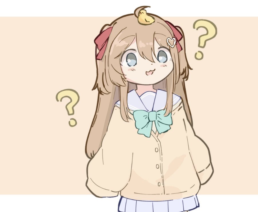 kosame, neuro-sama, 1girl, :3, :d, ?, aqua bow, aqua bowtie, blue eyes, blue sailor collar, blue serafuku, blue skirt, blush, border, bow, bowtie, brown hair, cardigan, confused, cowboy shot, hair between eyes, hair ornament, hair ribbon, heart, heart hair ornament, long hair, long sleeves, looking at viewer, miniskirt, object on head, open mouth, orange background, outside border, pleated skirt, red ribbon, ribbon, rubber duck, sailor collar, school uniform, serafuku, simple background, skirt, sleeves past fingers, sleeves past wrists, smile, solo, two side up, vedal ai, white border, wide-eyed, yellow cardigan