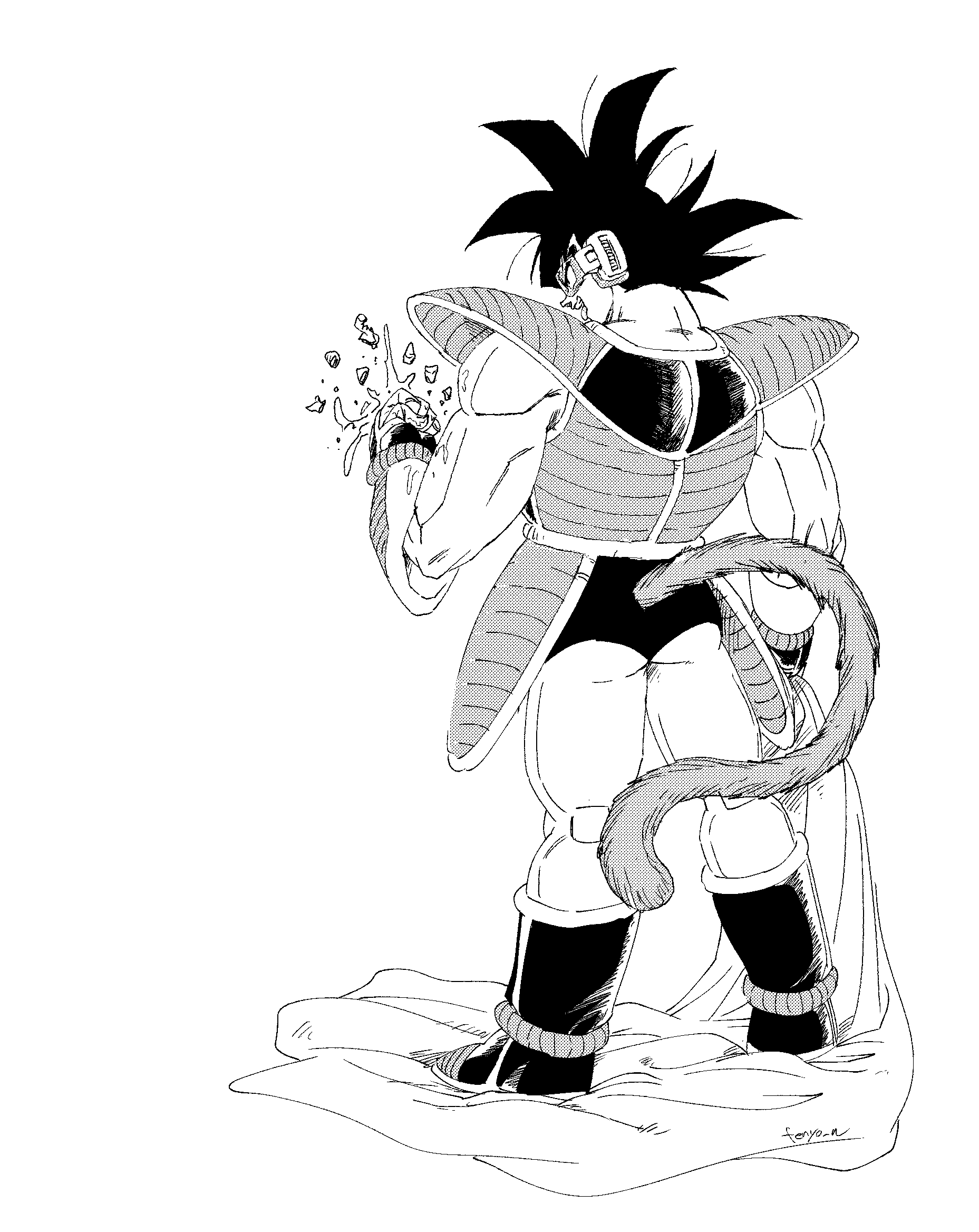 fenyon, tullece, dragon ball, dragonball z, highres, 1boy, clenched hand, food, from behind, fruit, full body, greyscale, halftone, holding, holding food, holding fruit, male focus, medium hair, monkey tail, monochrome, muscular, muscular male, saiyan armor, scouter, simple background, solo, spiked hair, tail, white background
