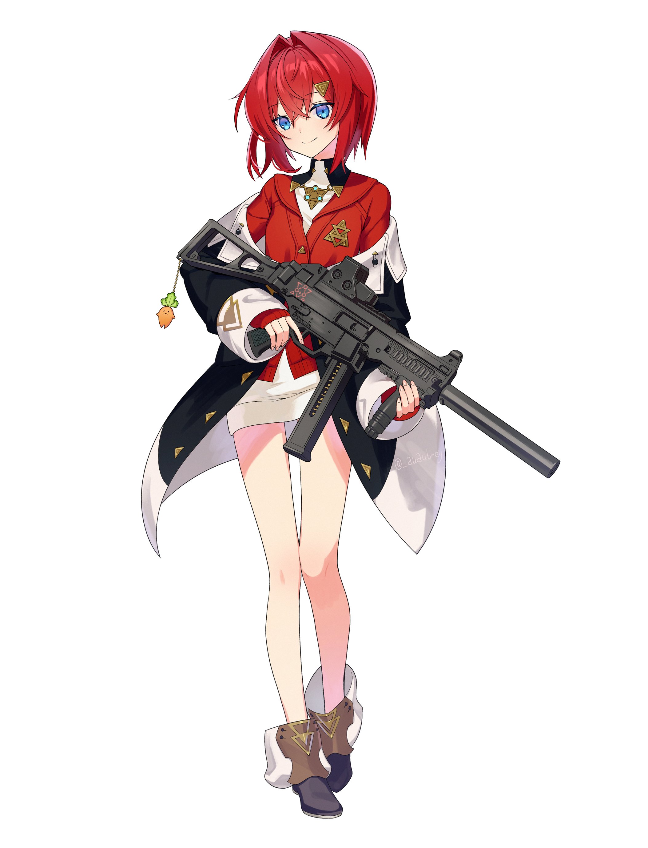 aubrey (kyarairo), ange katrina, ange katrina (1st costume), mandragora (ange katrina), nijisanji, absurdres, commentary request, highres, weapon request, 1girl, ankle boots, bare legs, black boots, black coat, blue eyes, boots, breasts, cardigan, character charm, charm (object), closed mouth, coat, crossed bangs, dress, full body, gun, hair between eyes, hair intakes, hair ornament, holding, holding gun, holding weapon, looking at viewer, medium hair, off shoulder, red cardigan, red hair, short dress, simple background, sleeves past wrists, small breasts, smile, solo, standing, triangle hair ornament, virtual youtuber, weapon, white background, white dress