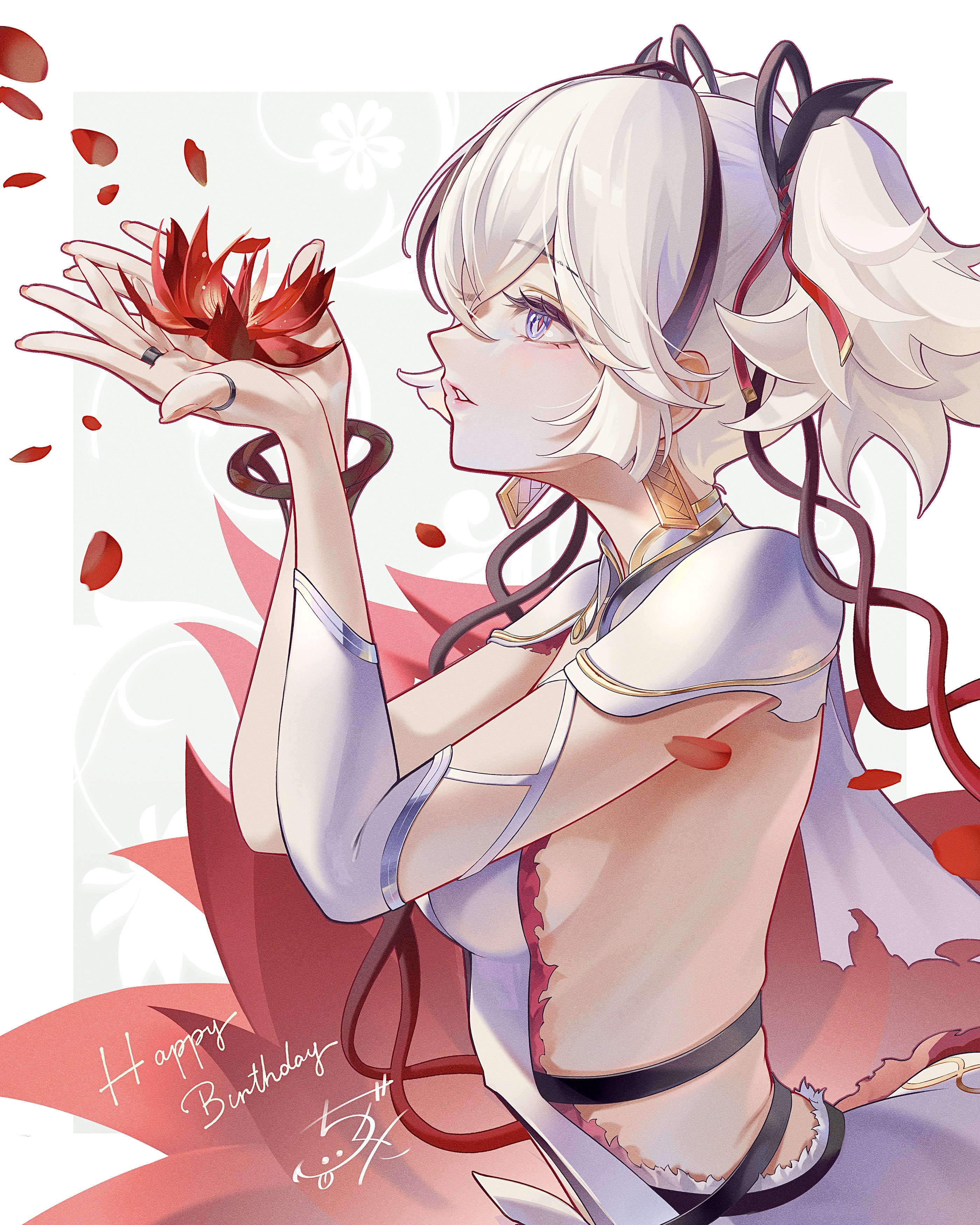 chigusa7h, camellya (wuthering waves), wuthering waves, absurdres, commentary request, highres, 1girl, border, breasts, collar, dress, earrings, flower, from side, gold earrings, grey background, hair ribbon, hair vines, hands up, happy birthday, jewelry, medium breasts, parted lips, red flower, red petals, red ribbon, ribbon, short hair, sideless dress, solo, upper body, white border, white collar, white dress, white hair
