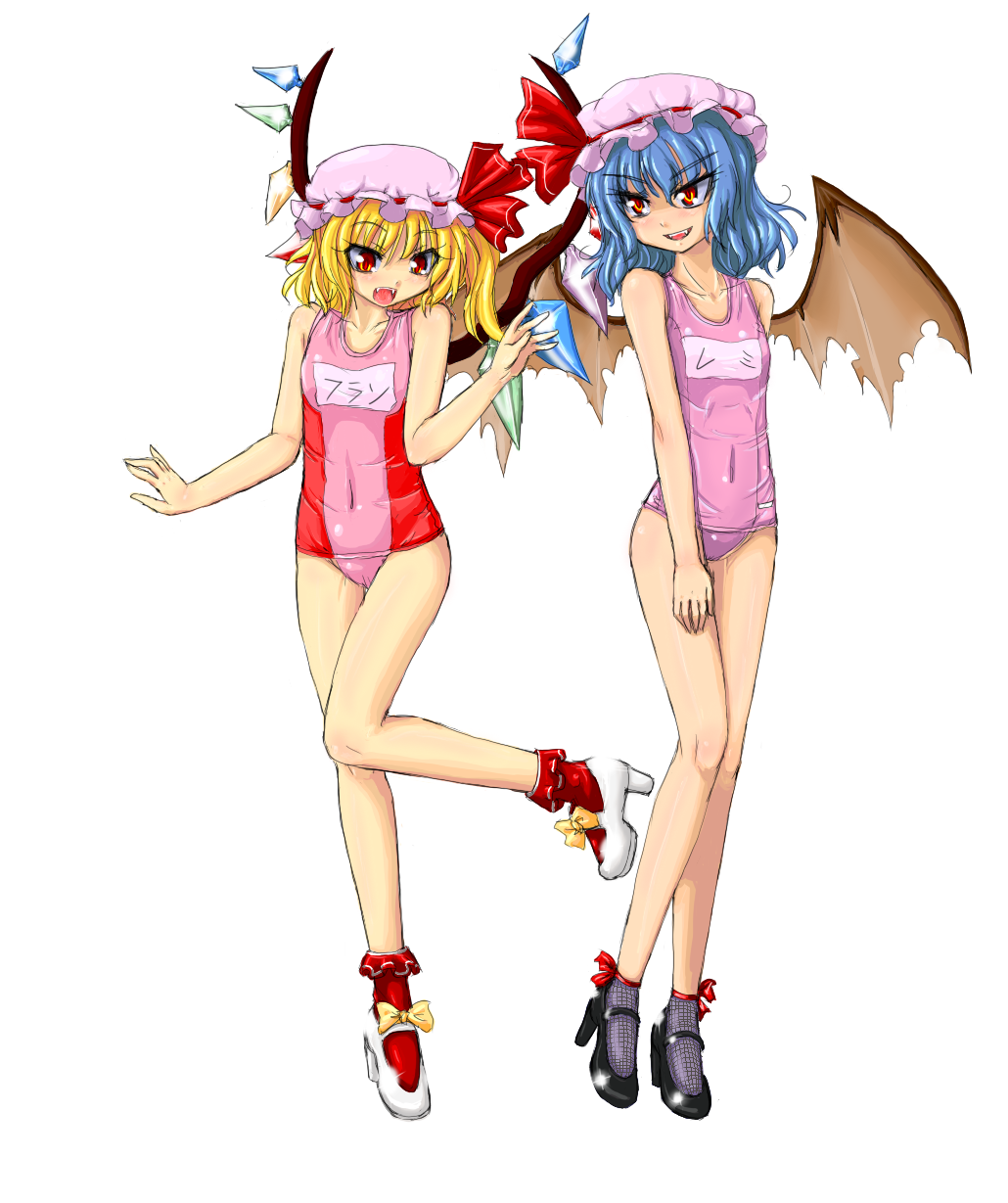 enoko (zqfebi), flandre scarlet, remilia scarlet, touhou, highres, 2girls, ankle socks, bat wings, blonde hair, blue hair, female focus, hat, high heels, legs, mary janes, multiple girls, one-piece swimsuit, pink one-piece swimsuit, ponytail, red eyes, school swimsuit, shoes, short hair, siblings, side ponytail, sisters, socks, swimsuit, wings