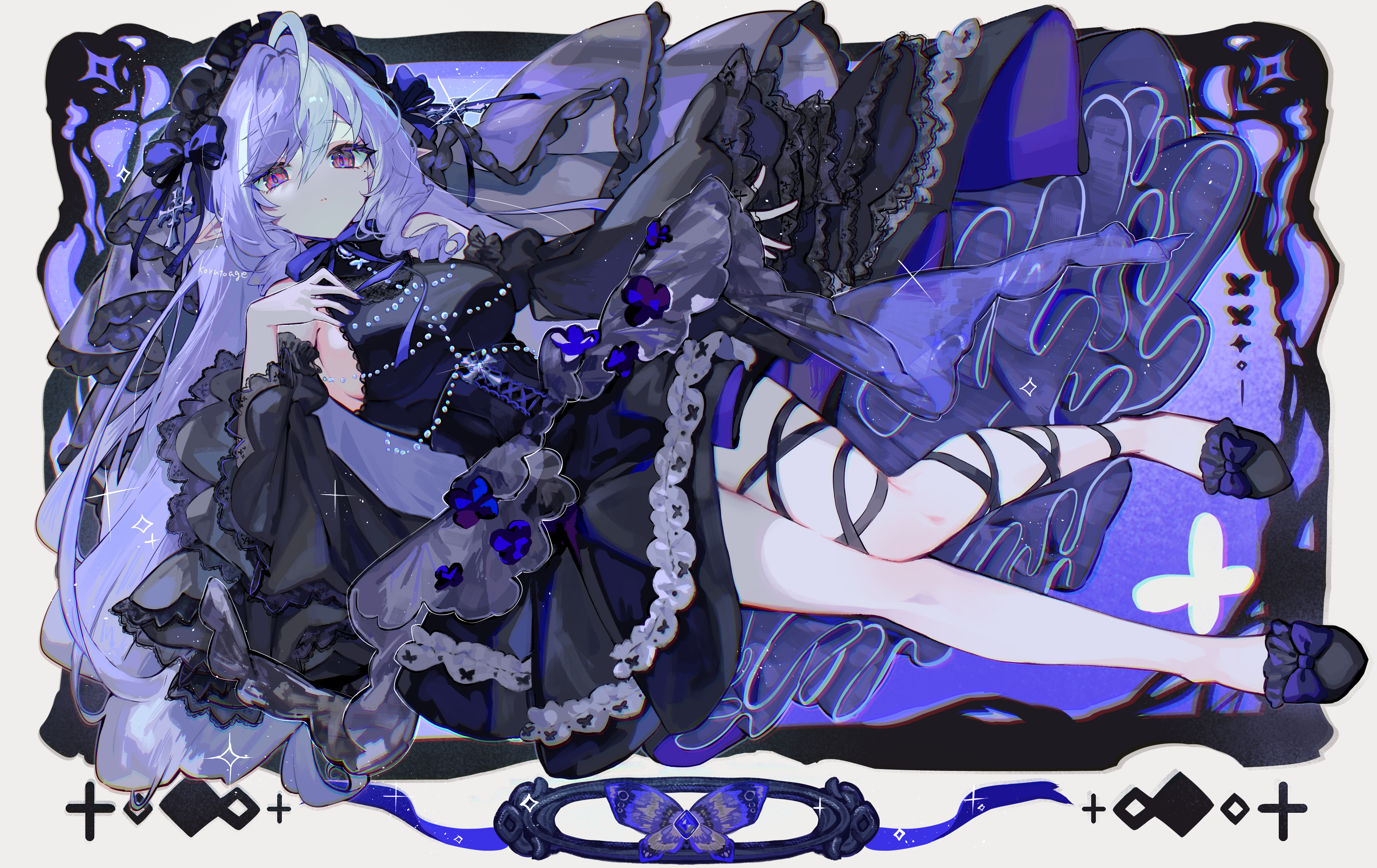 wzoarrylmovmuju, vivian banshee, zenless zone zero, absurdres, commentary, highres, 1girl, ahoge, alternate costume, black dress, bow, detached sleeves, dress, drill hair, flower, frills, full body, goth fashion, headdress, long hair, purple hair, red eyes, shoes, strap, veil, very long hair, white streaks
