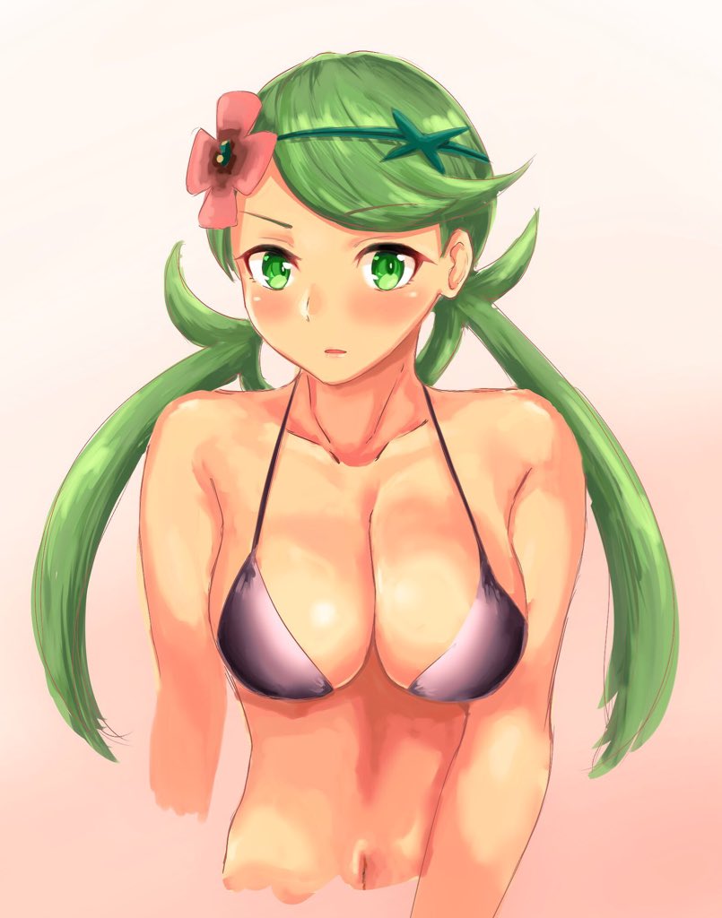 mallow (pokemon), nintendo, pokemon, pokemon sm, 1girl, bikini, breasts, dark-skinned female, dark skin, flower, green eyes, green hair, hair flower, hair ornament, large breasts, long hair, looking at viewer, swimsuit, twintails, upper body, yoyoyokori
