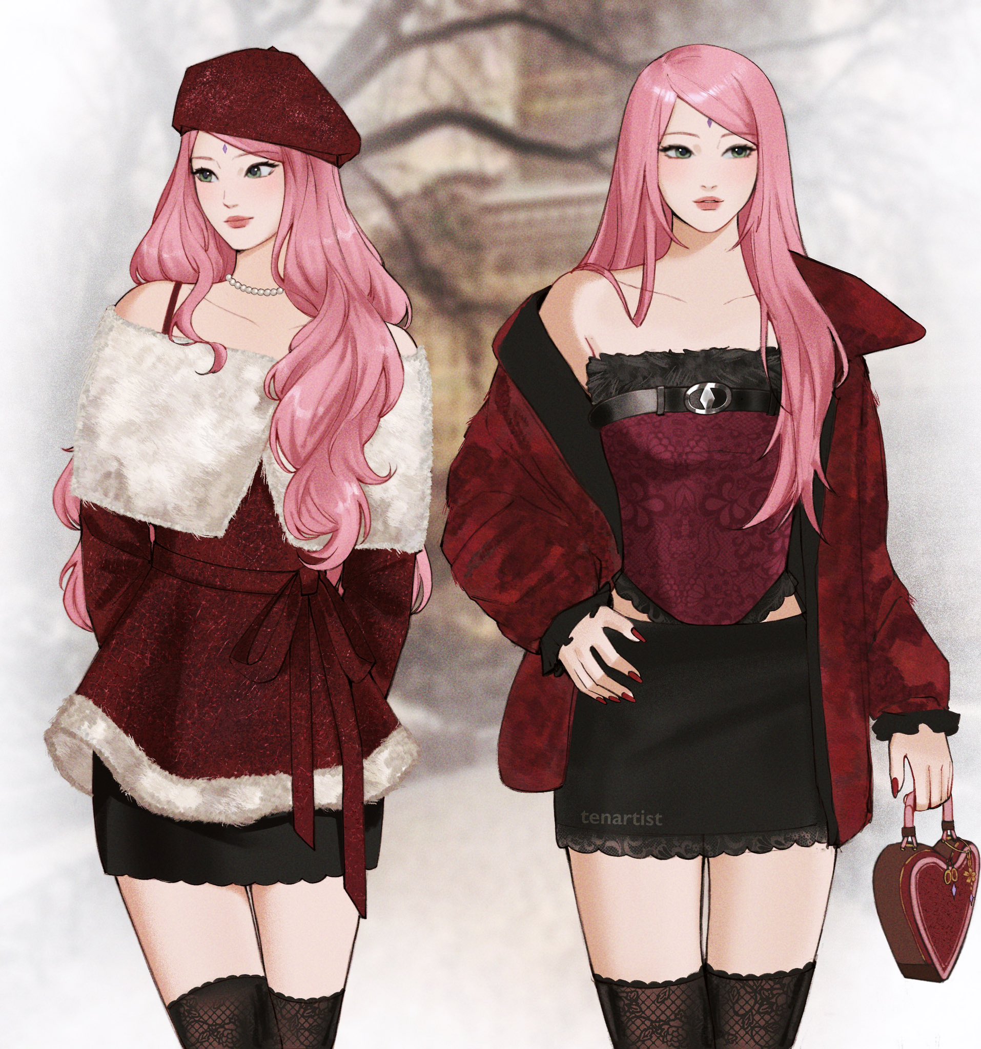 tenartistt, haruno sakura, naruto (series), commentary, hashtag-only commentary, highres, symbol-only commentary, 1girl, alternate costume, alternate hairstyle, arms behind back, artist name, bag, belt ribbon, beret, black fur, black skirt, black thighhighs, blurry, blurry background, border, bra strap, bustier, chest belt, closed mouth, cowboy shot, crossed legs, eyelashes, facial mark, fading border, fashion, fingernails, forehead mark, french girly, frilled bustier, frilled sleeves, frills, fur-trimmed bustier, fur-trimmed jacket, fur trim, glitter, green eyes, hair over shoulder, hand on own hip, hat, heart-shaped bag, holding, holding bag, jacket, jacket partially removed, lace, lace-trimmed skirt, lace print, lace thighhighs, lace trim, leather, leather jacket, light smile, long fingernails, looking to the side, multiple views, off-shoulder jacket, off shoulder, open clothes, open jacket, outside border, pearl choker, photo background, red bag, red bustier, red hat, red jacket, red nails, red ribbon, ribbon, skirt, straight hair, strapless, swept bangs, thighhighs, watermark, watson cross, white border, y2k fashion