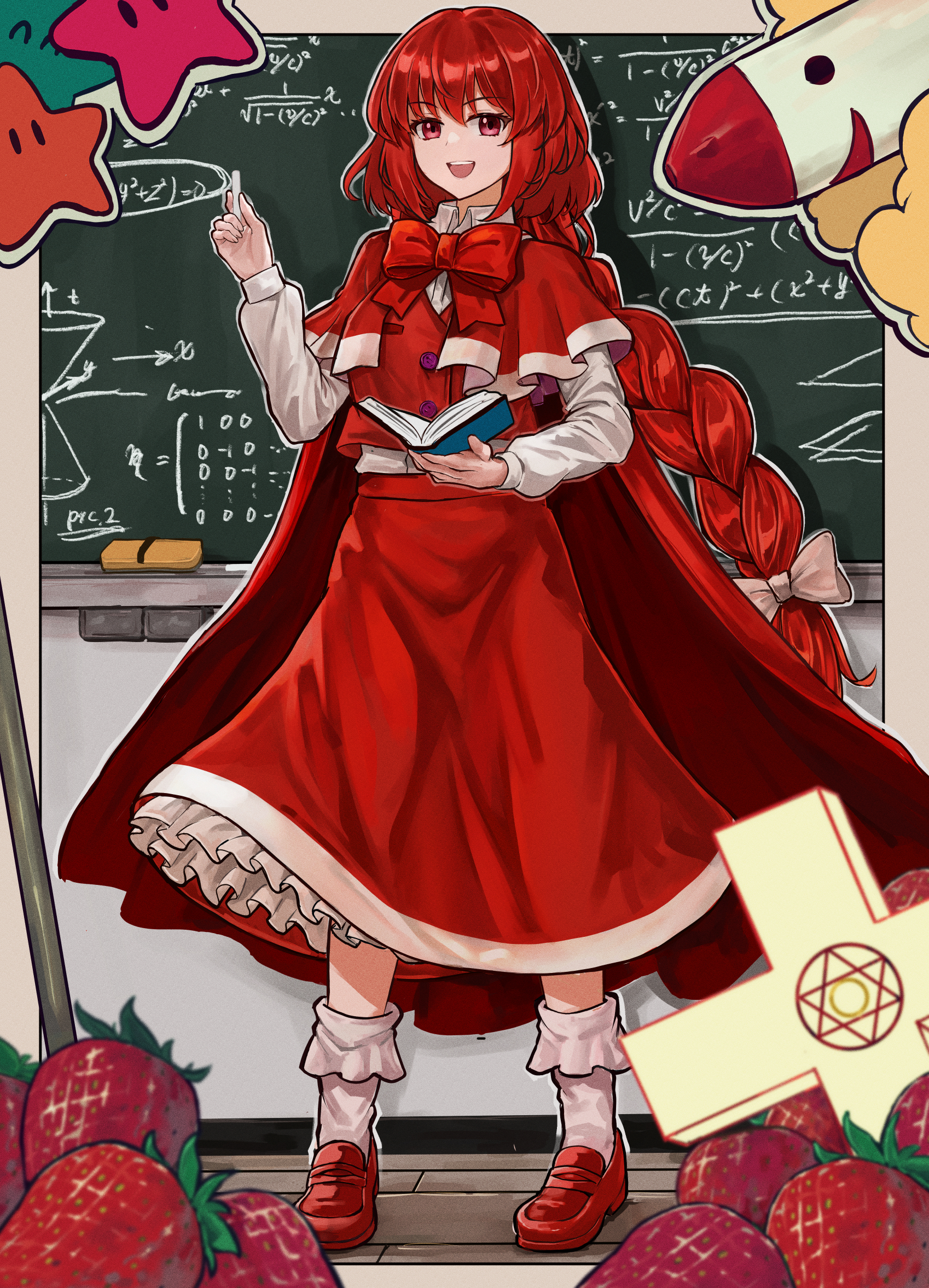 tentaizukan, mimi-chan, okazaki yumemi, touhou, touhou (pc-98), commentary, highres, 1girl, board eraser, book, bow, braid, cape, capelet, chalk, chalkboard, collared shirt, cross, food, fruit, hair bow, holding, holding chalk, loafers, long hair, long sleeves, looking at viewer, math, missile, open book, open mouth, red bow, red cape, red capelet, red eyes, red hair, red shoes, red skirt, red vest, shirt, shoes, skirt, smile, socks, strawberry, very long hair, vest, white bow, white shirt, white socks