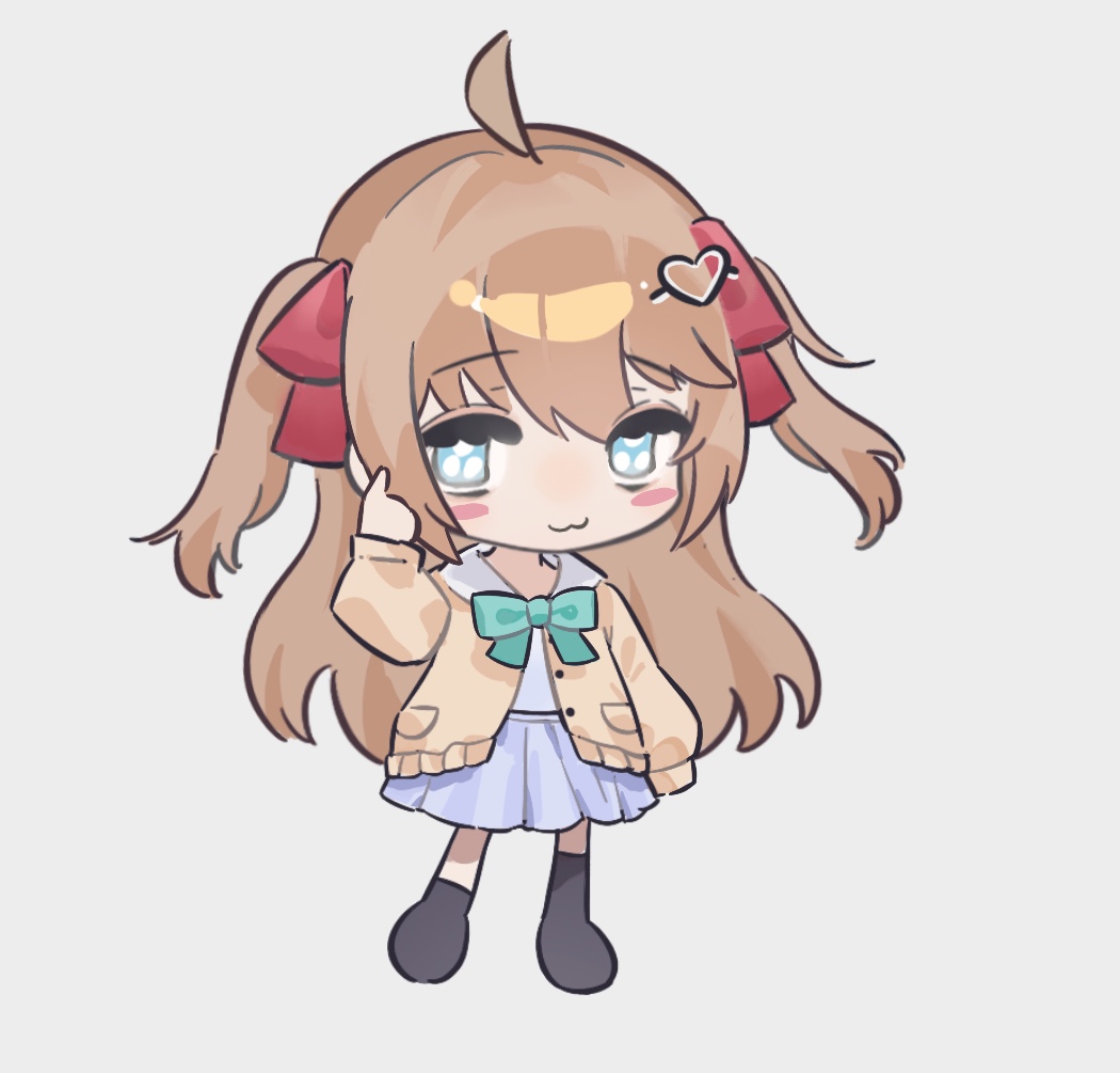 neuro-sama, 1girl, :3, ahoge, ambermut, aqua bow, aqua bowtie, asymmetrical legwear, black socks, black thighhighs, blue eyes, blue skirt, blush stickers, bow, bowtie, brown hair, cardigan, chibi, chibi only, closed mouth, grey background, hair between eyes, hair ribbon, long hair, long sleeves, looking at viewer, miniskirt, open cardigan, open clothes, pleated skirt, pointing, red ribbon, ribbon, sailor collar, simple background, skirt, socks, solo, standing, thighhighs, two side up, vedal ai, very long hair, white sailor collar, yellow cardigan