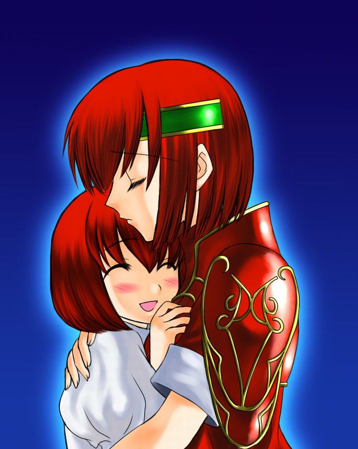 bo (774berry), maria (fire emblem), minerva (fire emblem), fire emblem, fire emblem: mystery of the emblem, fire emblem: shadow dragon, nintendo, 2girls, armor, blush, closed eyes, family bonding, happy, headband, hug, multiple girls, red hair, short hair, siblings, sisters, smile, wyvern rider