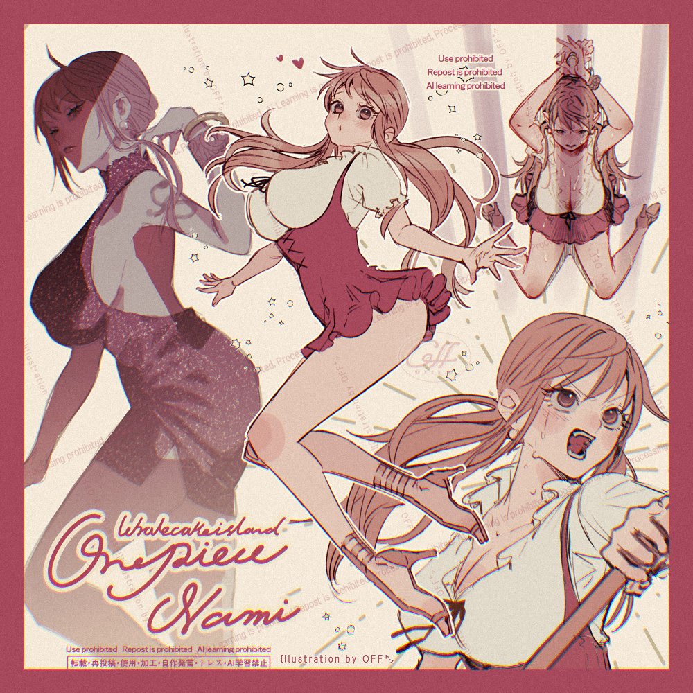 yum xoxo yum, nami (one piece), one piece, commentary request, 1girl, arms up, ass peek, bangle, bare legs, bare shoulders, blush, border, bound, bound wrists, bracelet, breasts, brown eyes, character name, cleavage, clima-tact, copyright name, cross-laced clothes, cross-laced dress, dress, earrings, emphasis lines, feet out of frame, frilled shirt, frills, from above, from side, full body, german clothes, hair up, heart, high heel sandals, high heels, holding, holding staff, jewelry, large breasts, legs, long hair, low twintails, multiple views, official alternate costume, official alternate hairstyle, open mouth, orange hair, pearl earrings, puffy short sleeves, puffy sleeves, red border, red dress, red skirt, sandals, shirt, short dress, short sleeves, shoulder tattoo, sitting, skirt, sleeveless, sleeveless dress, solo, staff, star (symbol), tattoo, thighs, twintails, upper body, wariza, wet, white shirt