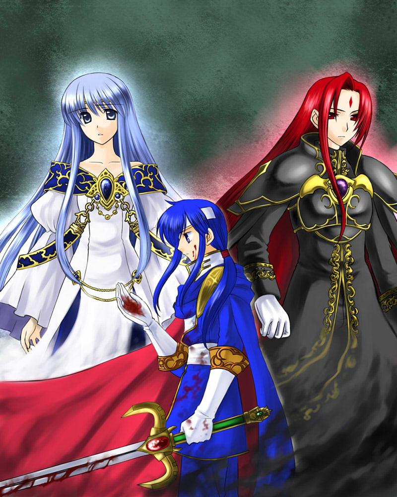 bo (774berry), julia (fire emblem), julius (fire emblem), seliph (fire emblem), fire emblem, fire emblem: genealogy of the holy war, nintendo, light purple hair, 1girl, 2boys, blood, brother and sister, brothers, cape, circlet, facial mark, forehead mark, gloves, long hair, multiple boys, purple eyes, siblings, sword, weapon