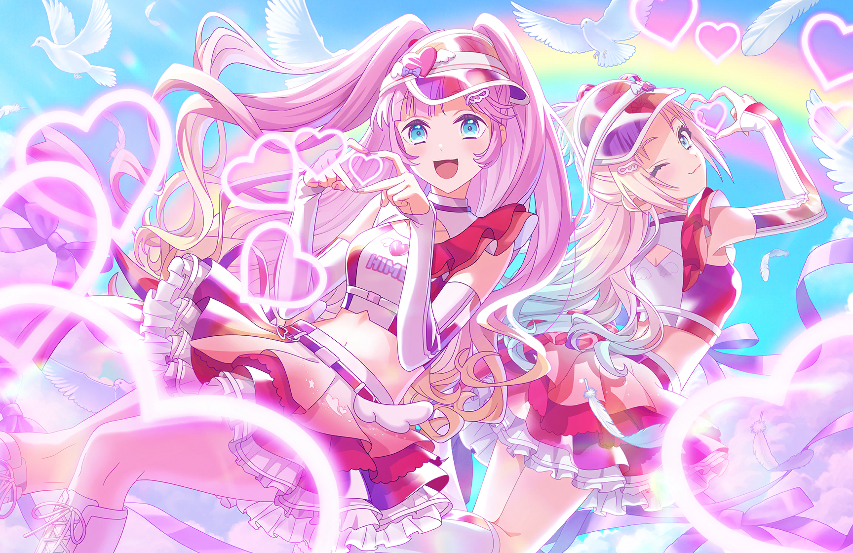 anyoji hime, osawa rurino, link! like! love live!, love live!, game cg, highres, non-web source, official art, 2girls, :3, :d, ;3, above-cleavage cutout, back cutout, bare shoulders, bird, blonde hair, blue eyes, blue hair, blue sky, boots, breasts, clothing cutout, cloud, day, detached sleeves, dove, falling feathers, feathers, four-finger heart hands, frilled skirt, frills, gradient clothes, gradient hair, gradient skirt, hair ornament, hat ornament, heart, heart hands, heart hat ornament, heart in heart hands, hip hip hurray! (love live!), knee boots, lace-up boots, long hair, long sleeves, looking at viewer, medium breasts, midriff, miniskirt, mira-cra park!, multicolored hair, multiple girls, navel, one eye closed, open mouth, pink hair, rainbow, red shirt, red skirt, shirt, skirt, sky, sleeveless, sleeveless shirt, sleeves past wrists, small breasts, smile, two side up, very long hair, virtual youtuber, visor cap, white boots, white feathers, wing hair ornament