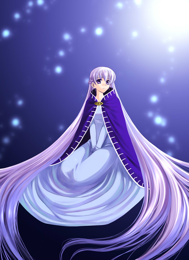 bo (774berry), sophia (fire emblem), fire emblem, fire emblem: the binding blade, nintendo, 1girl, absurdly long hair, blue dress, blush, cape, dress, female focus, full body, kneeling, light particles, long hair, purple eyes, purple hair, simple background, solo, very long hair