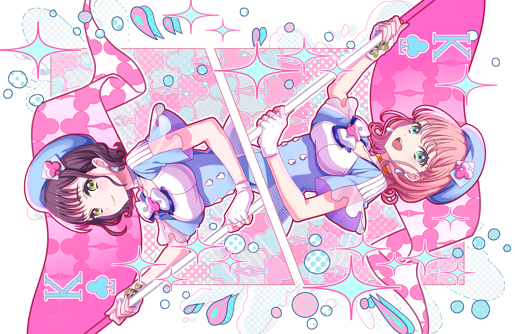 hinoshita kaho, momose ginko, link! like! love live!, love live!, game cg, highres, non-web source, official art, 2girls, :d, aqua eyes, beret, blue dress, blue hat, bow, breasts, buttons, card, card (medium), cerise bouquet, closed mouth, club (shape), club button, collarbone, double-breasted, dress, dress bow, earrings, fingerless gloves, flipped hair, gloves, hat, holding, jewelry, king (playing card), king of clubs, looking at viewer, medium breasts, medium hair, multiple girls, my lucky clover, official alternate costume, open mouth, orange hair, playing card, playing card (medium), rotational symmetry, short hair, short sleeves, sideways, smile, sparkle, split mouth, teardrop earrings, teeth, upper teeth only, virtual youtuber, white bow, white gloves