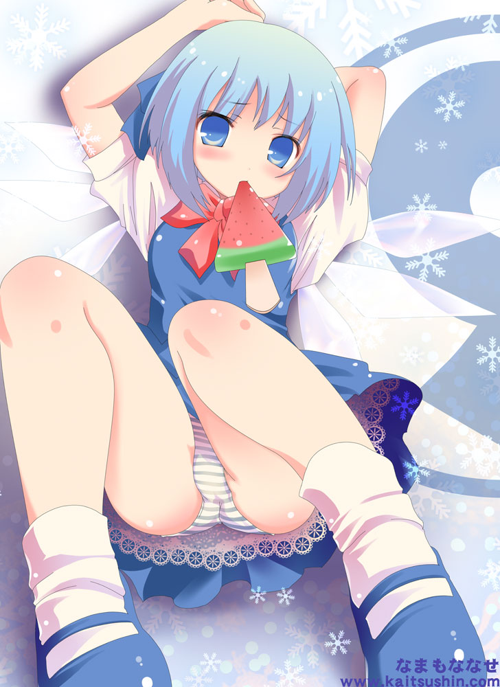 namamo nanase, cirno, embodiment of scarlet devil, touhou, 1girl, blue dress, blue eyes, blue hair, blue panties, blue skirt, bow, circled 9, dress, female focus, food, hair bow, mary janes, matching hair/eyes, mouth hold, panties, pantyshot, petticoat, popsicle, shoes, short hair, sitting, skirt, socks, solo, striped clothes, striped panties, underwear, watermelon bar, white socks, wings