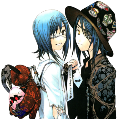 akito, oogure ito, wanijima agito, wanijima akito, air gear, lowres, 00s, 2boys, backpack, bag, blue hair, cake, crown, cup, dual persona, eyepatch, food, frown, hat, jacket, multiple boys, necktie, rabbit, smile, teacup, yellow eyes