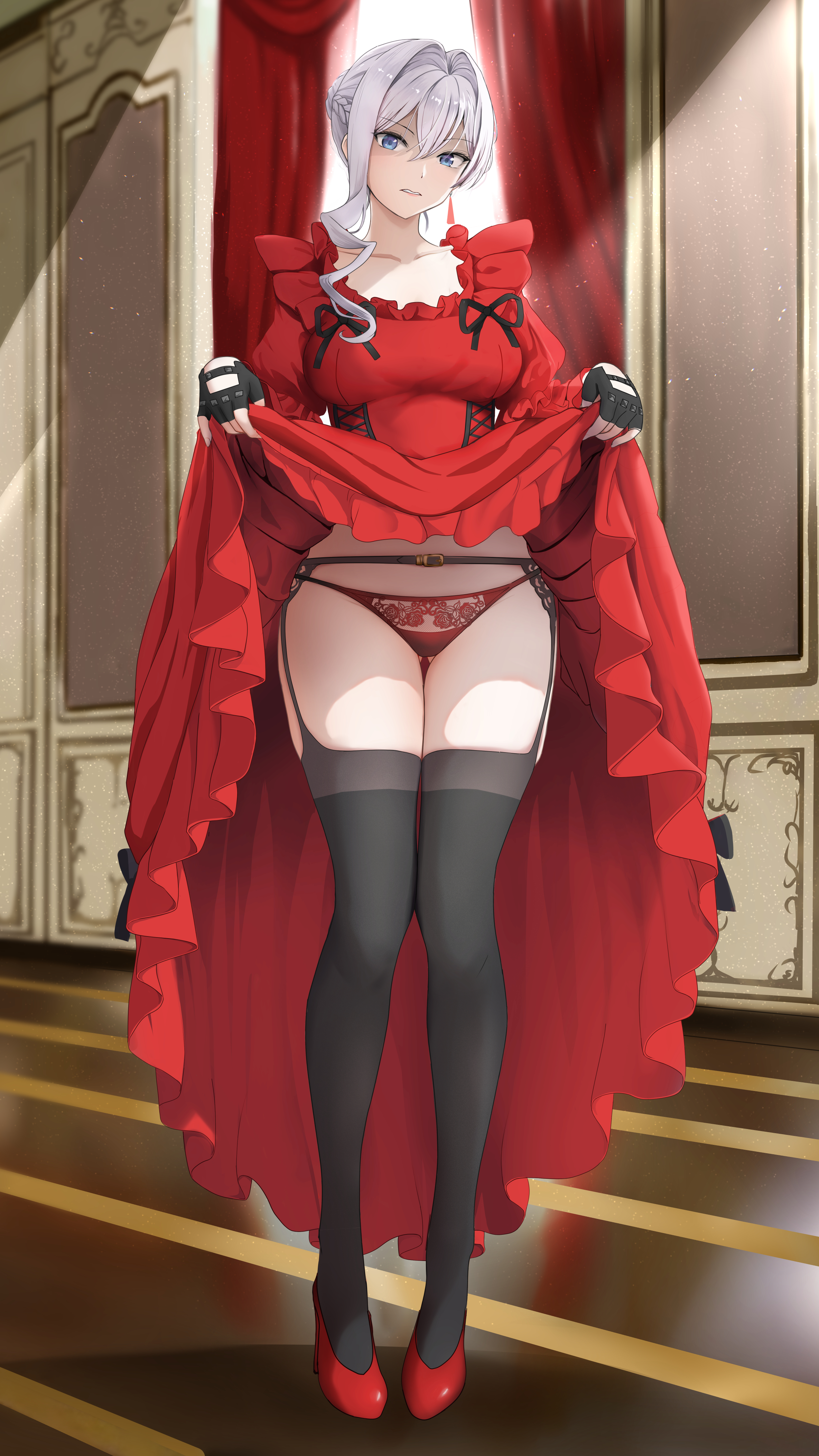gibun (sozoshu), scarlet el vandimion, iya na kao sare nagara opantsu misete moraitai, saigo ni hitotsu dake onegai shite mo yoroshii deshou ka, absurdres, commentary request, highres, 1girl, black garter belt, black gloves, black panties, black thighhighs, blue eyes, breasts, dress, fingerless gloves, garter belt, glaring, gloves, grey hair, high heels, indoors, large breasts, lifting own clothes, panties, parted lips, red dress, red panties, red shoes, shoes, solo, thighhighs, underwear