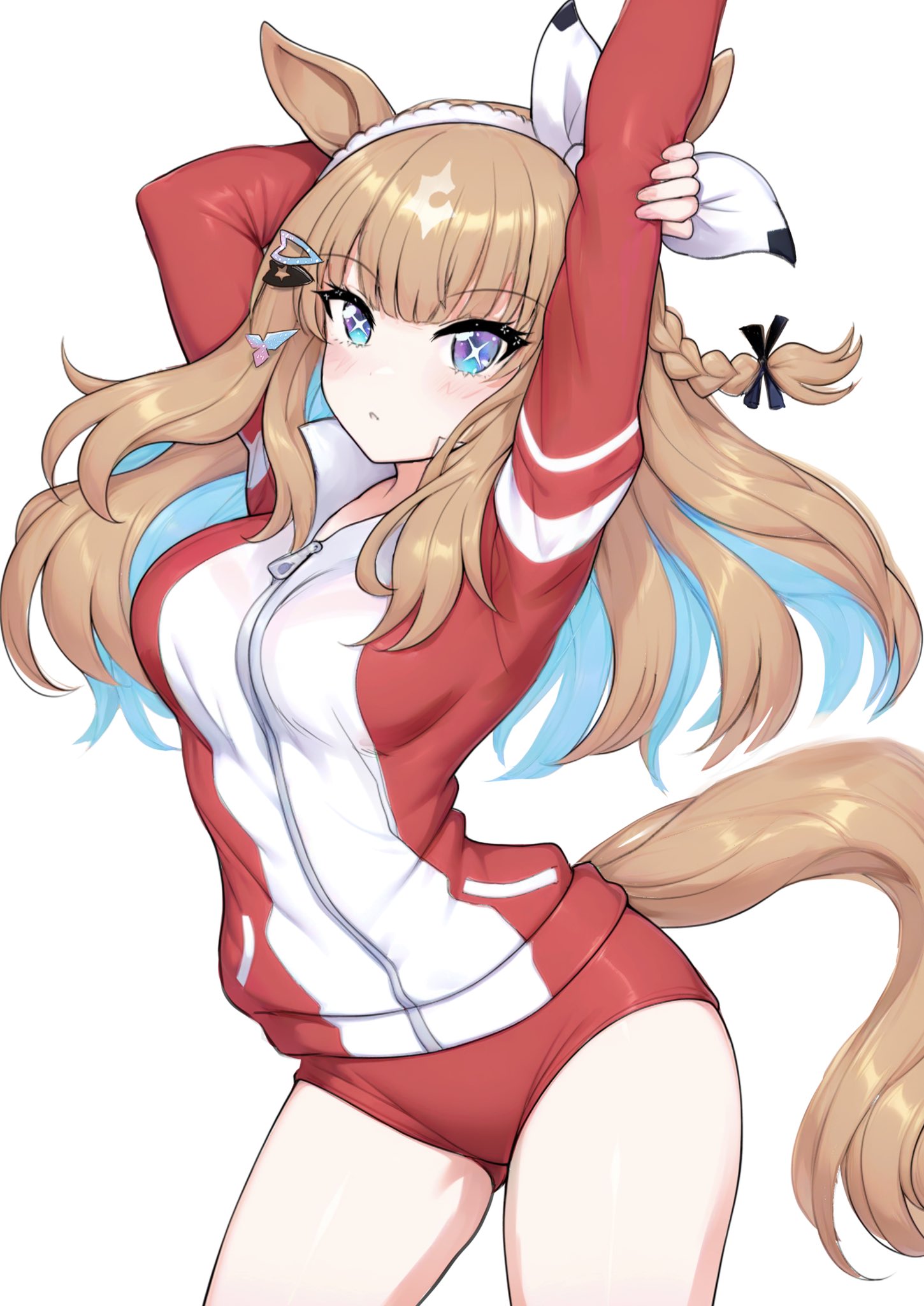 beatsheavens0735, almond eye (umamusume), umamusume, commentary request, highres, 1girl, animal ears, arms up, black ribbon, blue eyes, bow, braid, brown hair, buruma, cowboy shot, gradient eyes, hair ornament, hair ribbon, hairband, hairclip, head tilt, horse ears, horse girl, jacket, long hair, long sleeves, looking at viewer, multicolored eyes, purple eyes, red buruma, red jacket, ribbon, simple background, single braid, solo, stretching, symbol-shaped pupils, tracen training uniform, track jacket, track suit, white background, white bow, white hairband, x-shaped pupils, zipper