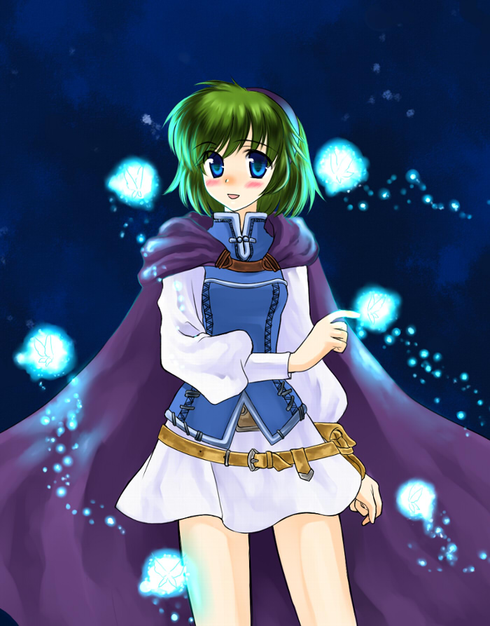 bo (774berry), nino (fire emblem), fire emblem, fire emblem: the blazing blade, nintendo, 1girl, belt, blue eyes, blush, cape, female focus, green hair, hairband, magic, short hair, skirt, solo