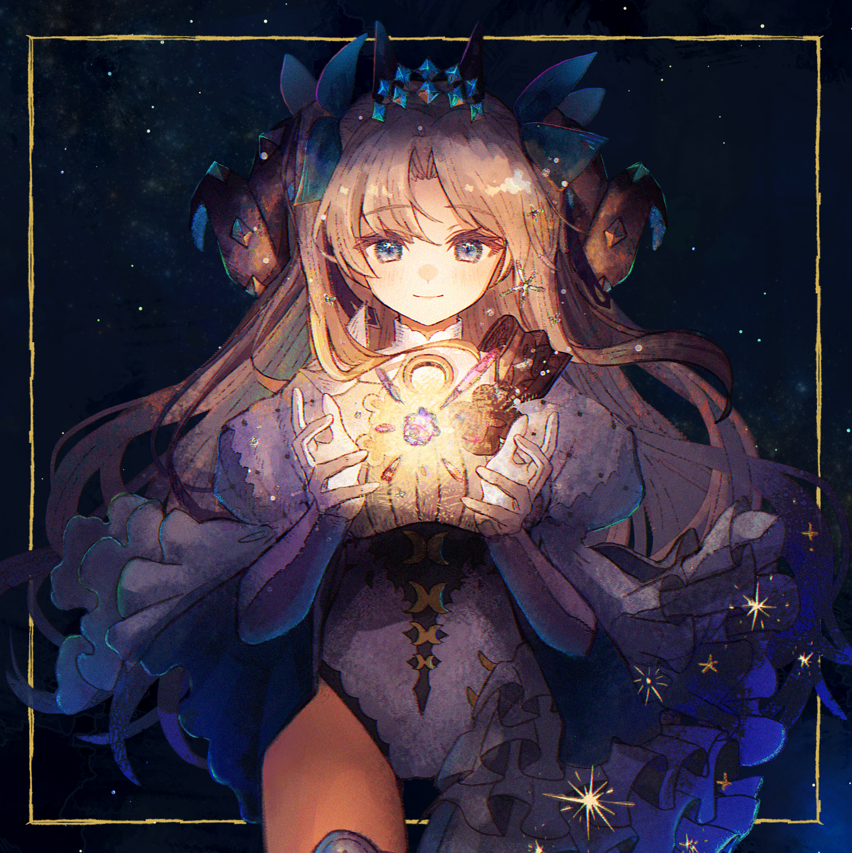 melty (corolla), ereshkigal (fate), space ereshkigal (fate), fate/grand order, fate (series), absurdres, highres, 1girl, asymmetrical legwear, blonde hair, blue eyes, border, curled horns, dark, frills, gloves, horns, long hair, mismatched legwear, night, smile, white gloves, yellow border