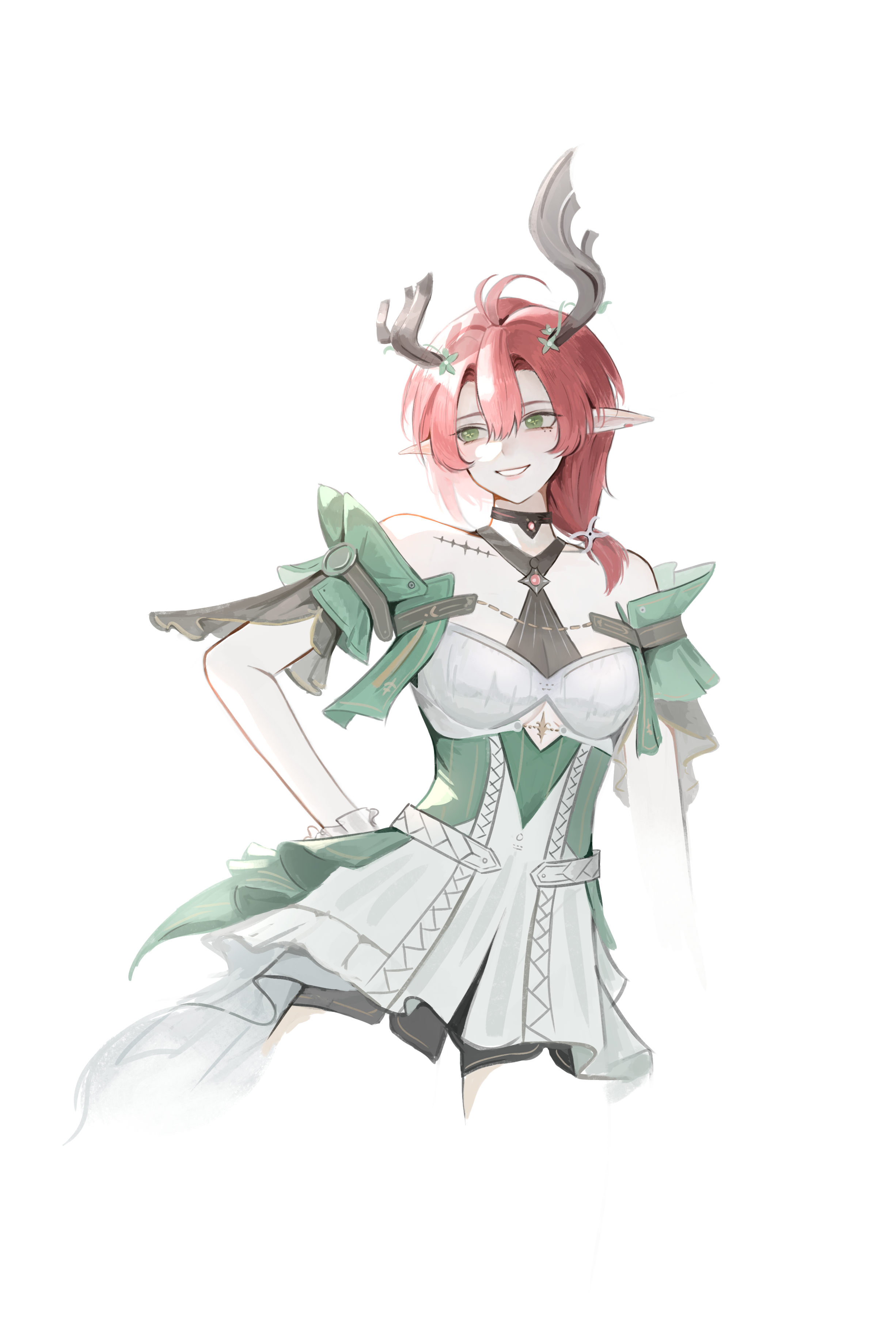 deardd, ciaccona (wuthering waves), wuthering waves, absurdres, commentary, highres, 1girl, bare shoulders, breasts, cropped legs, dress, green eyes, green jacket, hair between eyes, hand on own hip, horns, jacket, medium breasts, parted lips, red hair, sidelocks, simple background, smile, solo, tacet mark (wuthering waves), tree horns, white background, white dress