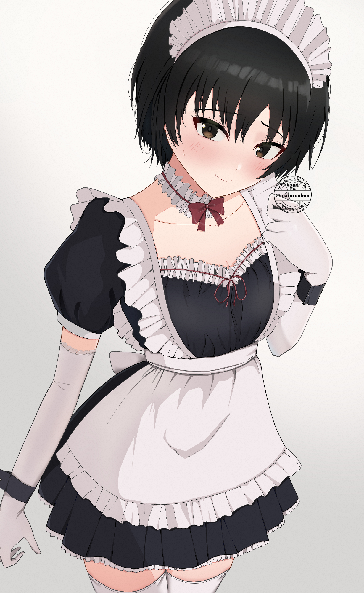 marurenkon, nanasaki ai, amagami, commentary, highres, 1girl, alternate costume, apron, black dress, black eyes, black hair, black wrist cuffs, blush, bob cut, breasts, cleavage, closed mouth, collarbone, cowboy shot, dress, elbow gloves, enmaided, frilled apron, frilled dress, frills, gloves, gradient background, grey background, hand up, looking at viewer, maid, maid apron, maid headdress, puffy sleeves, short hair, short sleeves, solo, thighhighs, twitter username, watermark, white apron, white gloves, white headdress, white thighhighs, wrist cuffs, zettai ryouiki