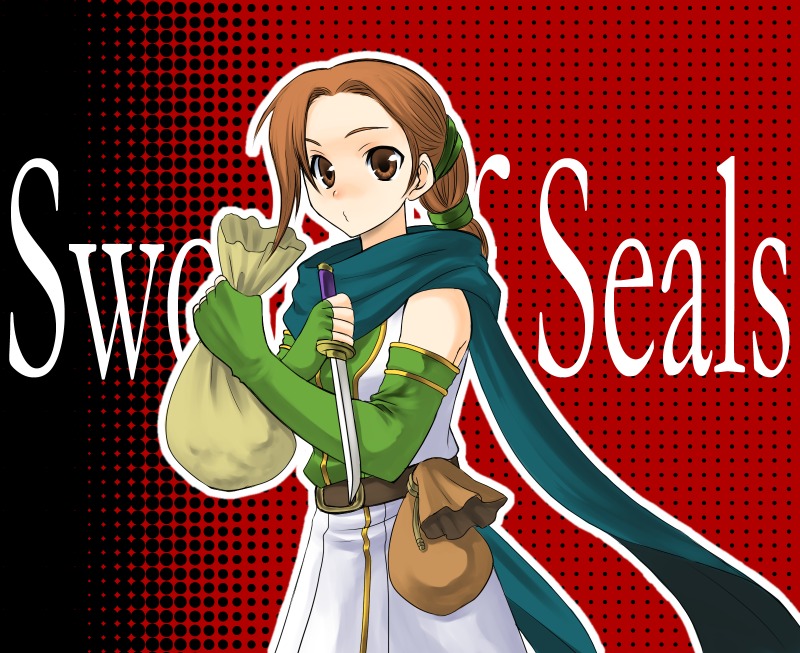 bo (774berry), cath (fire emblem), fire emblem, fire emblem: the binding blade, nintendo, bag, brown eyes, brown hair, dress, elbow gloves, fingerless gloves, gloves, knife, ponytail, scarf, solo