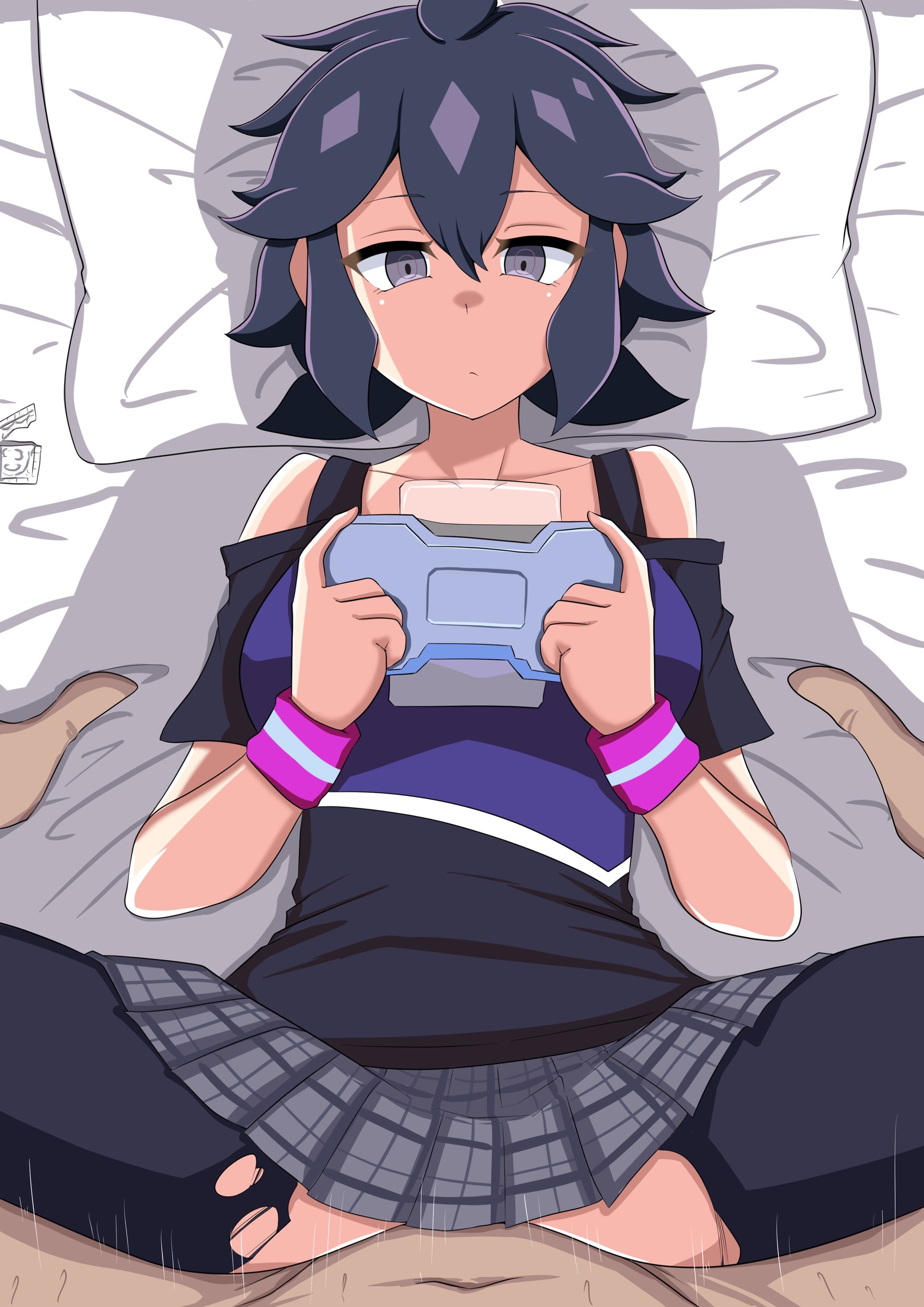 tokoha (den-owingform), dragon musume ni naritakunai!, duel masters, absurdres, highres, 1boy, 1girl, black pantyhose, black tank top, breasts, condom, condom wrapper, emotionless sex, empty eyes, expressionless, from above, grey skirt, hair between eyes, handheld game console, holding, holding handheld game console, lying, multitasking, off-shoulder shirt, off shoulder, on bed, pantyhose, plaid clothes, plaid skirt, purple shirt, sex, shirt, short hair, skirt, tank top, teiozaka mumu, torn clothes, torn pantyhose, wristband