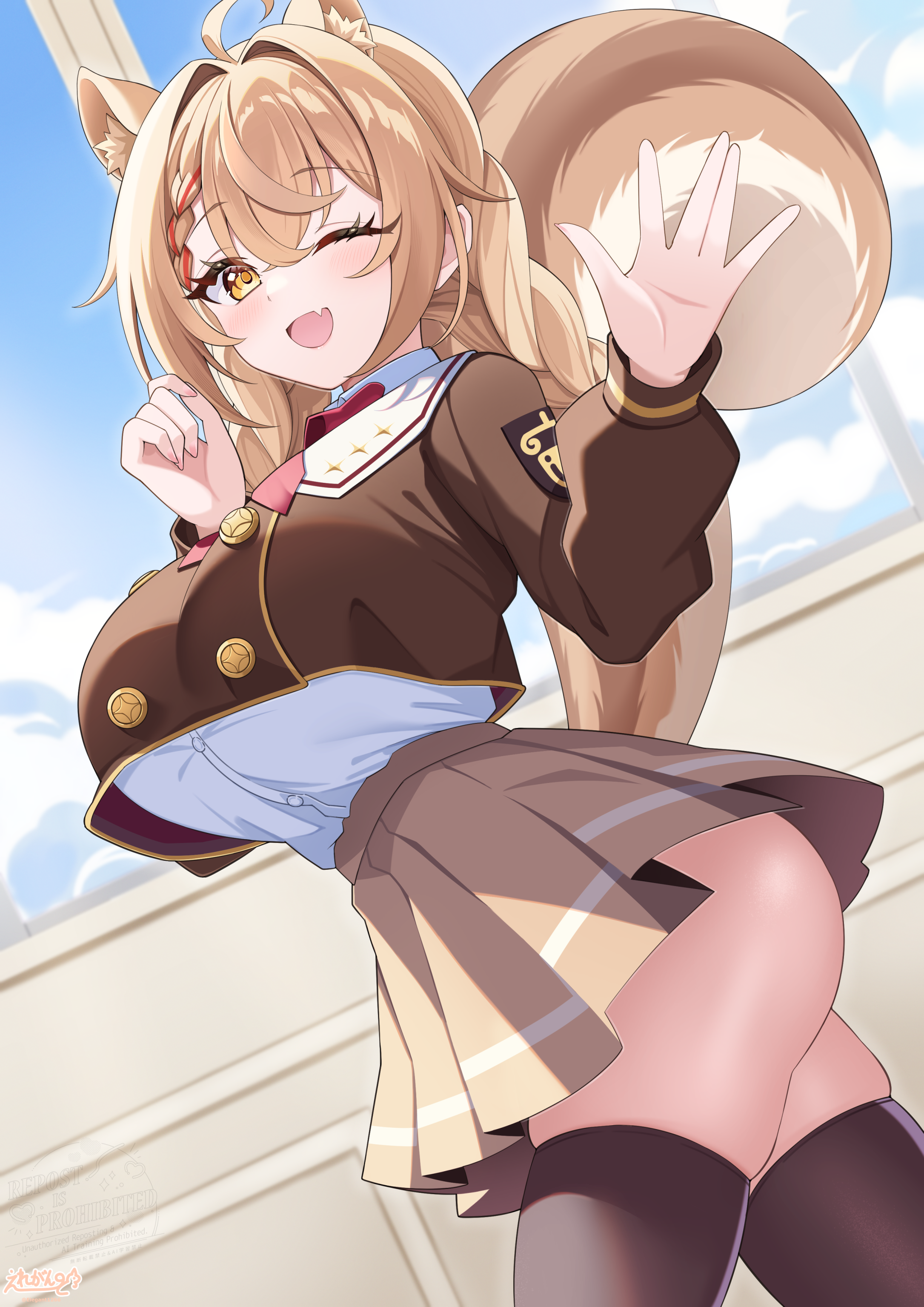 elegant (sumisumi4268), original, absurdres, highres, 1girl, ahoge, animal ears, black thighhighs, blush, braid, breasts, brown hair, brown jacket, brown skirt, cropped jacket, indoors, jacket, large breasts, looking at viewer, one eye closed, open mouth, pleated skirt, shirt, skirt, smile, solo, squirrel ears, squirrel girl, squirrel tail, tail, thighhighs, twin braids, white shirt, yellow eyes