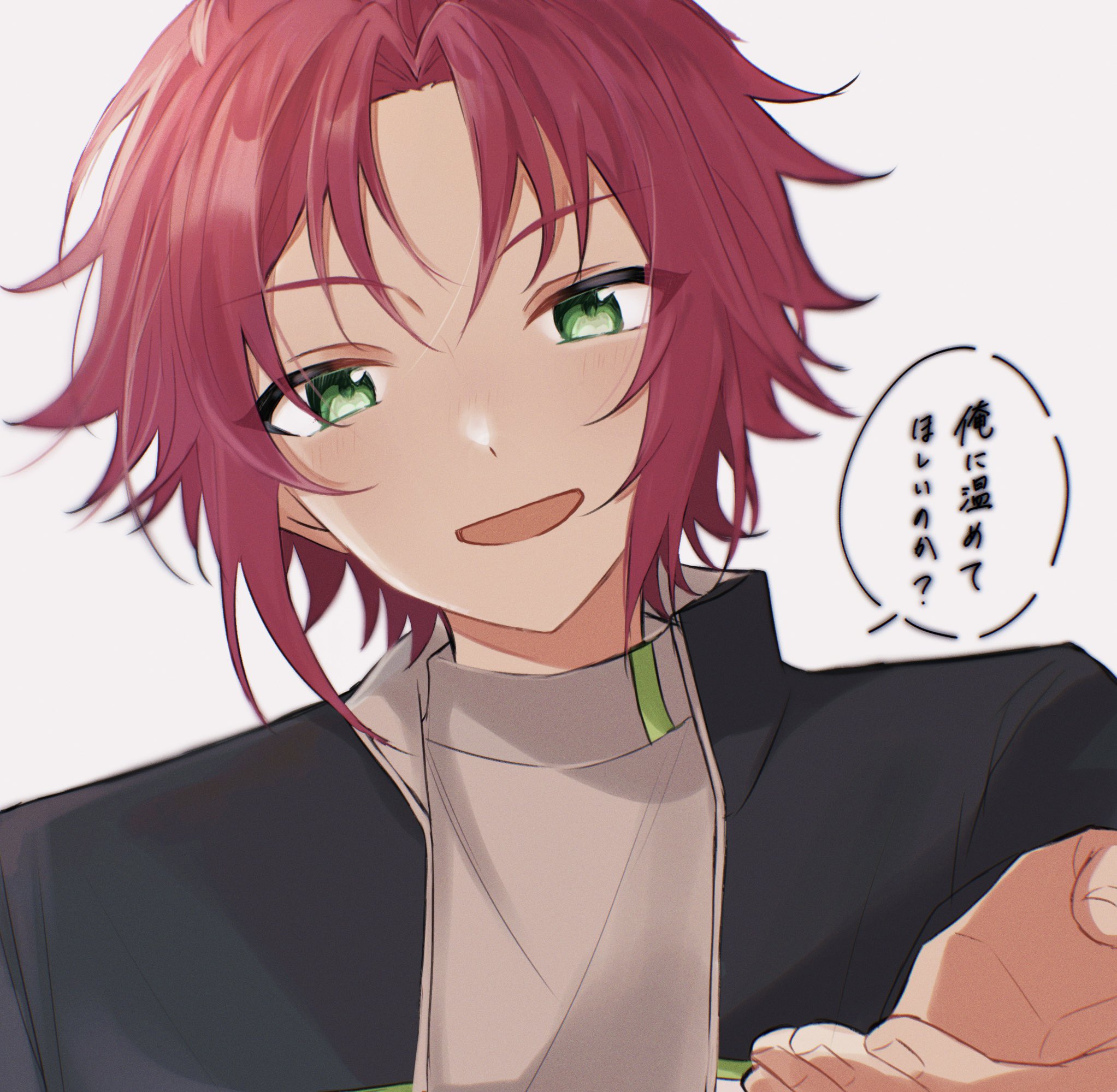 isara mao, ensemble stars!, commentary request, highres, translation request, 1boy, fingernails, green eyes, looking at viewer, male focus, open mouth, outstretched hand, red hair, rii (rii t93), short hair, simple background, smile, solo, speech bubble