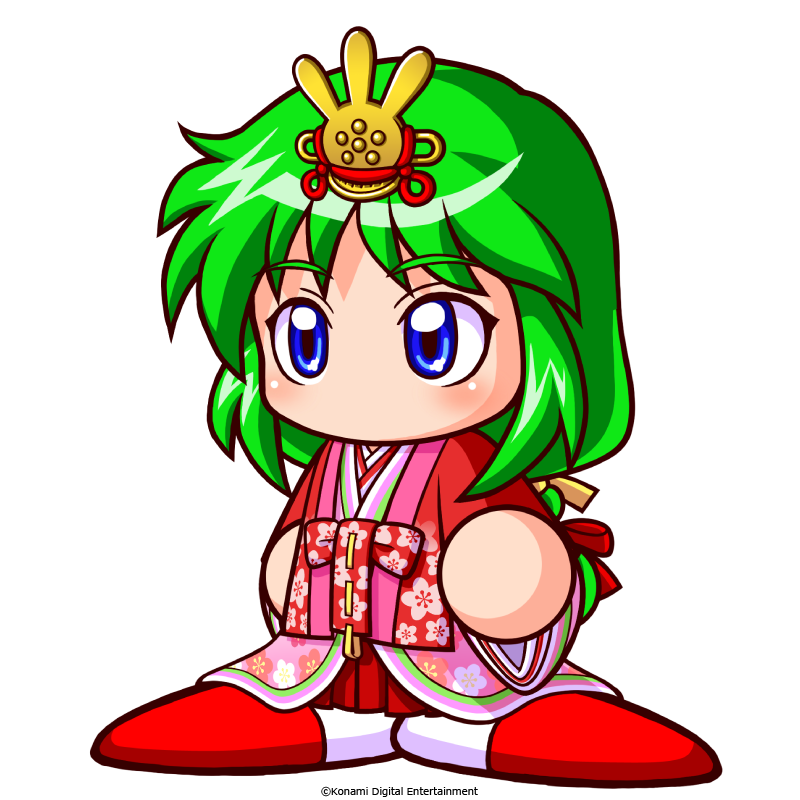 hayakawa aoi, jikkyou powerful pro yakyuu, power pro appli, artist request, official art, 1girl, blue eyes, copyright notice, floral print, floral print kimono, green hair, hat, hinamatsuri, japanese clothes, jikkyou powerful pro yakyuu (style), kimono, layered kimono, low ponytail, no mouth, ponytail, print kimono, rayman limbs, solo, tate eboshi, white background