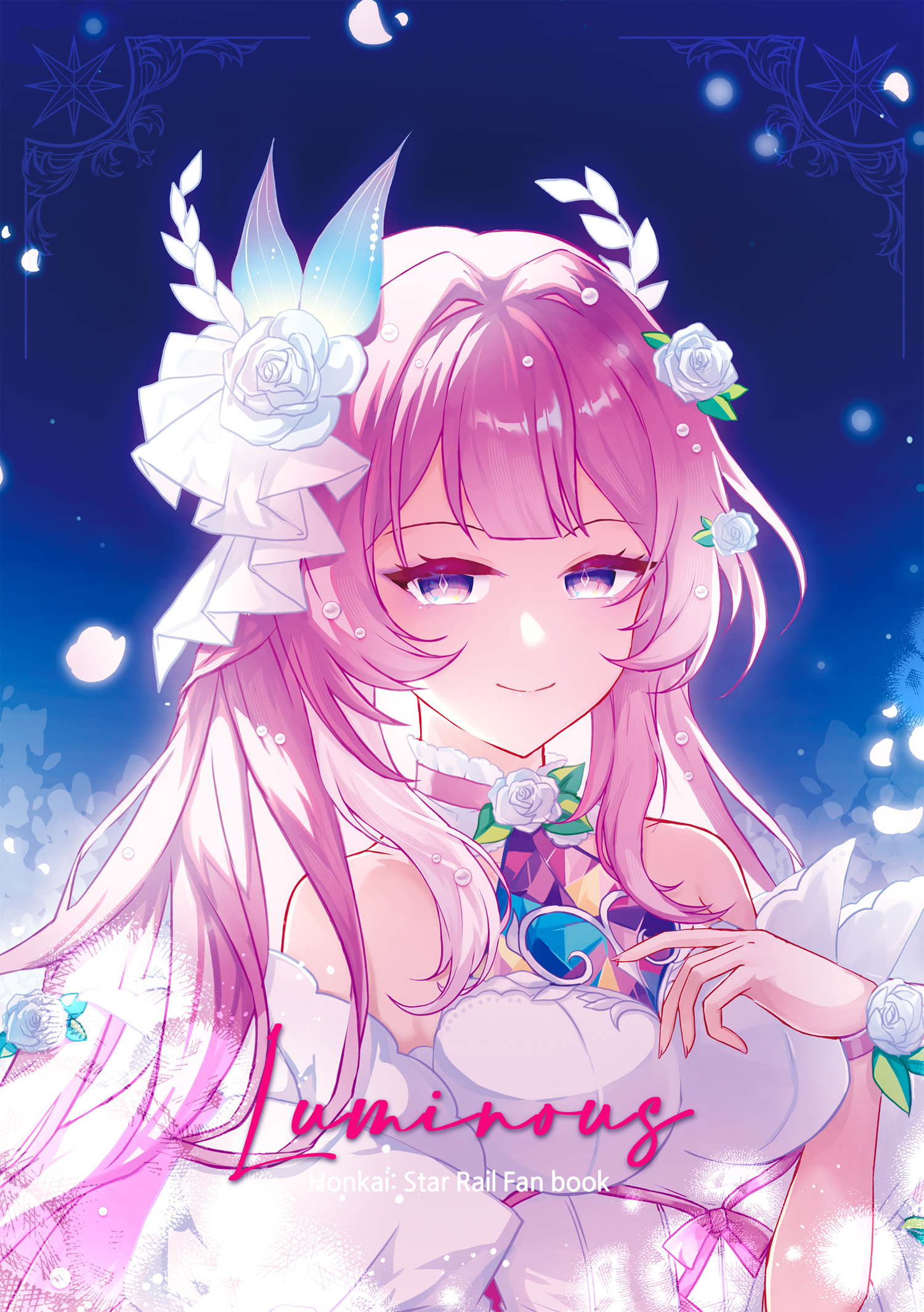 anosen, cyrene (honkai: star rail), honkai: star rail, honkai (series), commentary request, highres, 1girl, adapted costume, bare shoulders, breasts, closed mouth, comiket 107, cover, cover page, cyrene (demiurge) (honkai: star rail), diamond-shaped pupils, diamond (shape), english text, fingernails, flower, hair flower, hair ornament, hand up, long fingernails, long hair, looking at viewer, medium breasts, nail polish, pink hair, pink nails, purple eyes, rose, smile, solo, symbol-shaped pupils, title, upper body, veil, white flower, white rose, white veil