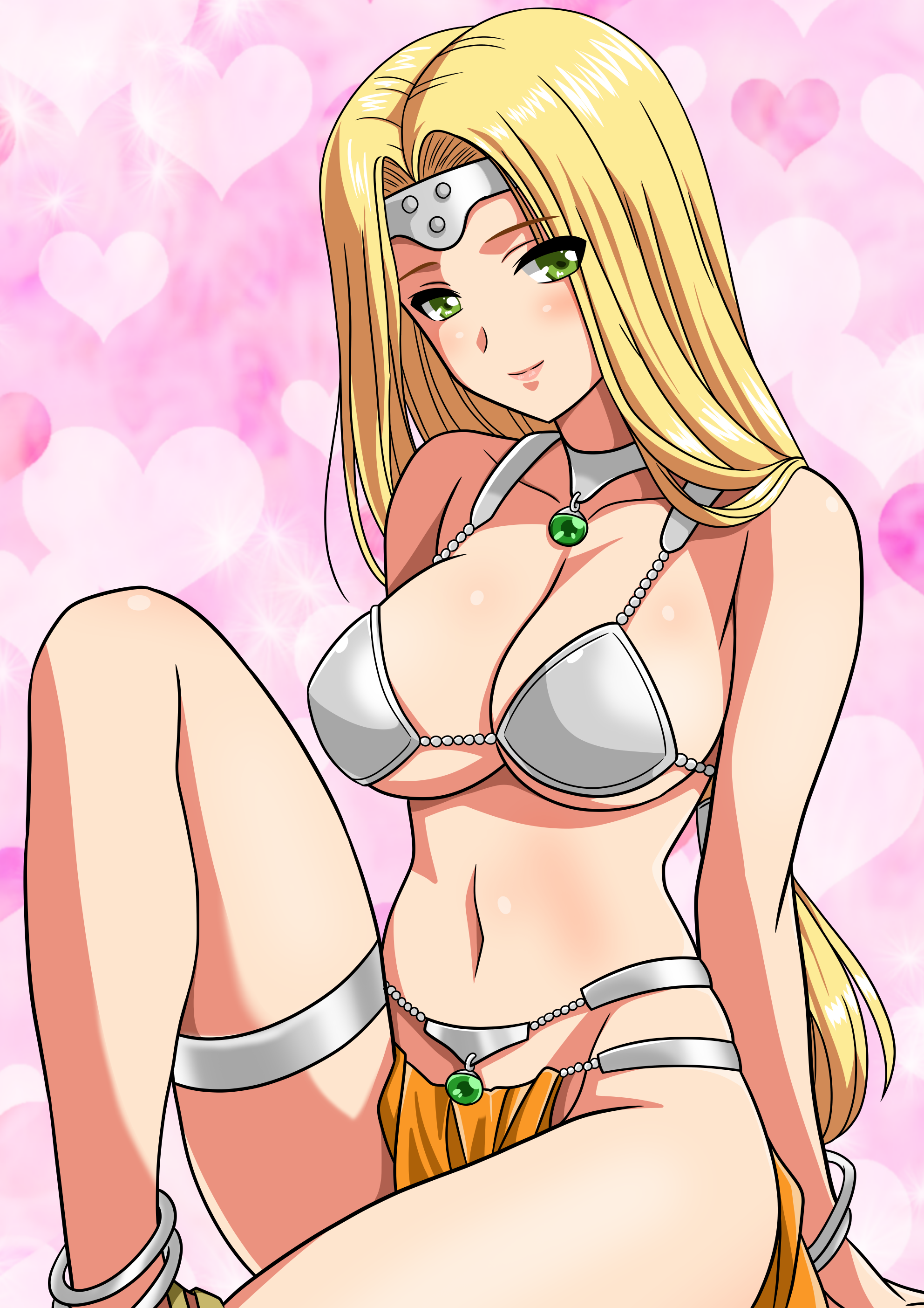 yuuyuu (3jjbn), mireyu, dragon quest, dragon quest vi, absurdres, highres, 1girl, blonde hair, blush, breasts, circlet, cleavage, dancer's costume (dq), earrings, forehead protector, green eyes, harem outfit, jewelry, knee up, large breasts, long hair, looking at viewer, metal hair tubes, necklace, pink background, ponytail, silver choker, silver circlet, simple background, sitting, smile, solo