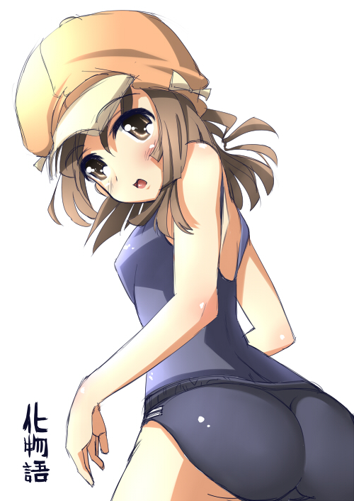 sengoku nadeko, bakemonogatari, monogatari (series), non-web source, 00s, ass, brown eyes, brown hair, buruma, hat, looking back, newsboy cap, one-piece swimsuit, school swimsuit, short hair, solo, swimsuit