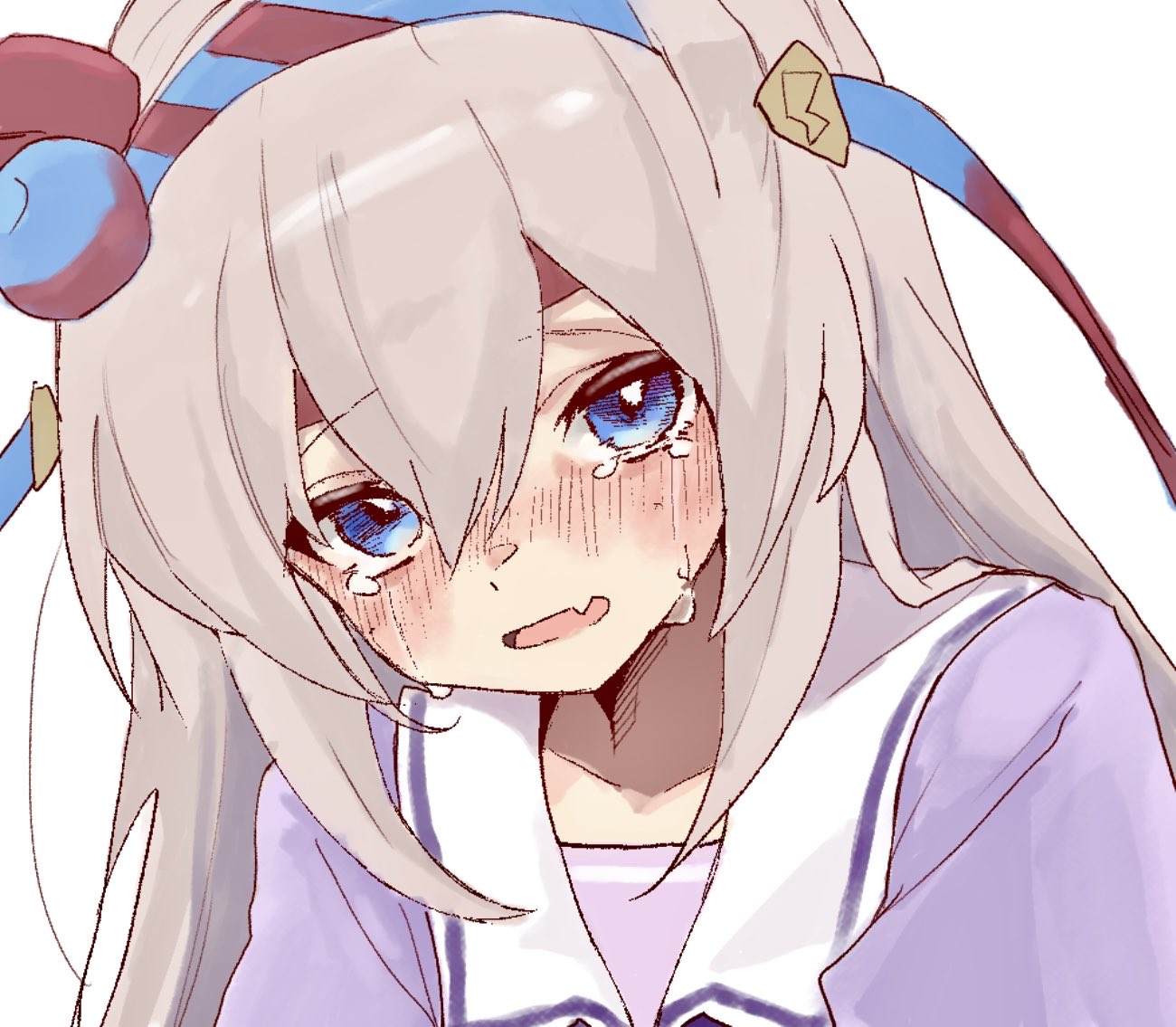 tamamo cross (umamusume), umamusume, 1girl, animal ears, blue eyes, blue hairband, blush, ear covers, ear ornament, fang, grey hair, hair between eyes, hairband, headband, horse ears, horse girl, kaiwan (kaiwan zhang), long hair, open mouth, red headband, school uniform, smile, solo, striped clothes, striped hairband, tears, tracen school uniform, very long hair