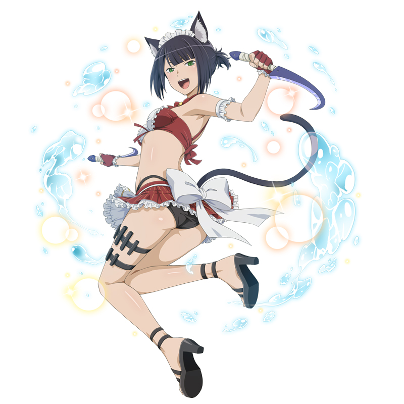 chloe rollo, danmachi memoria freese, dungeon ni deai wo motomeru no wa machigatteiru darou ka, official art, third-party source, 1girl, :d, animal ear fluff, animal ears, anime coloring, arm garter, ass, bare shoulders, bikini, bikini skirt, black hair, black sandals, blunt bangs, bow, breasts, cat ears, cat girl, cat tail, dual wielding, fingerless gloves, frilled bikini, frilled skirt, frills, from behind, full body, gloves, green eyes, high heel sandals, holding, holding knife, knife, looking at viewer, looking back, maid, maid bikini, maid headdress, midair, official alternate costume, open mouth, ponytail, red gloves, red skirt, reverse grip, sandals, short hair, short ponytail, sidelocks, skirt, small breasts, smile, solo, swimsuit, tail, thigh strap, unconventional maid, water, white background, white bow, white headdress