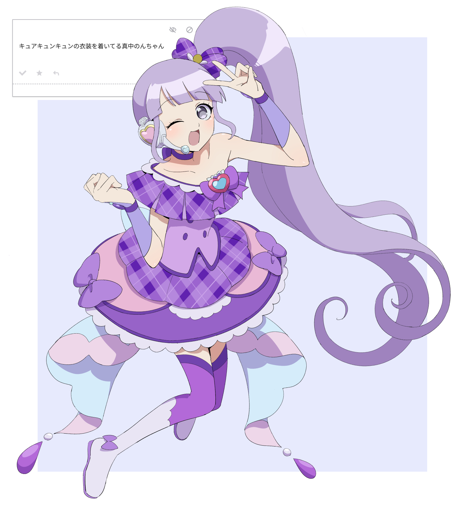 uma (umagaobanana), cure kyunkyun, manaka non, kimi to idol precure, precure, pretty series, pripara, highres, 1girl, blunt bangs, bow, cosplay, cure kyunkyun (cosplay), dress, frills, one eye closed, plaid clothes, purple bow, purple dress, purple eyes, purple hair, purple thighhighs, side ponytail, smile, solo, thighhighs, v