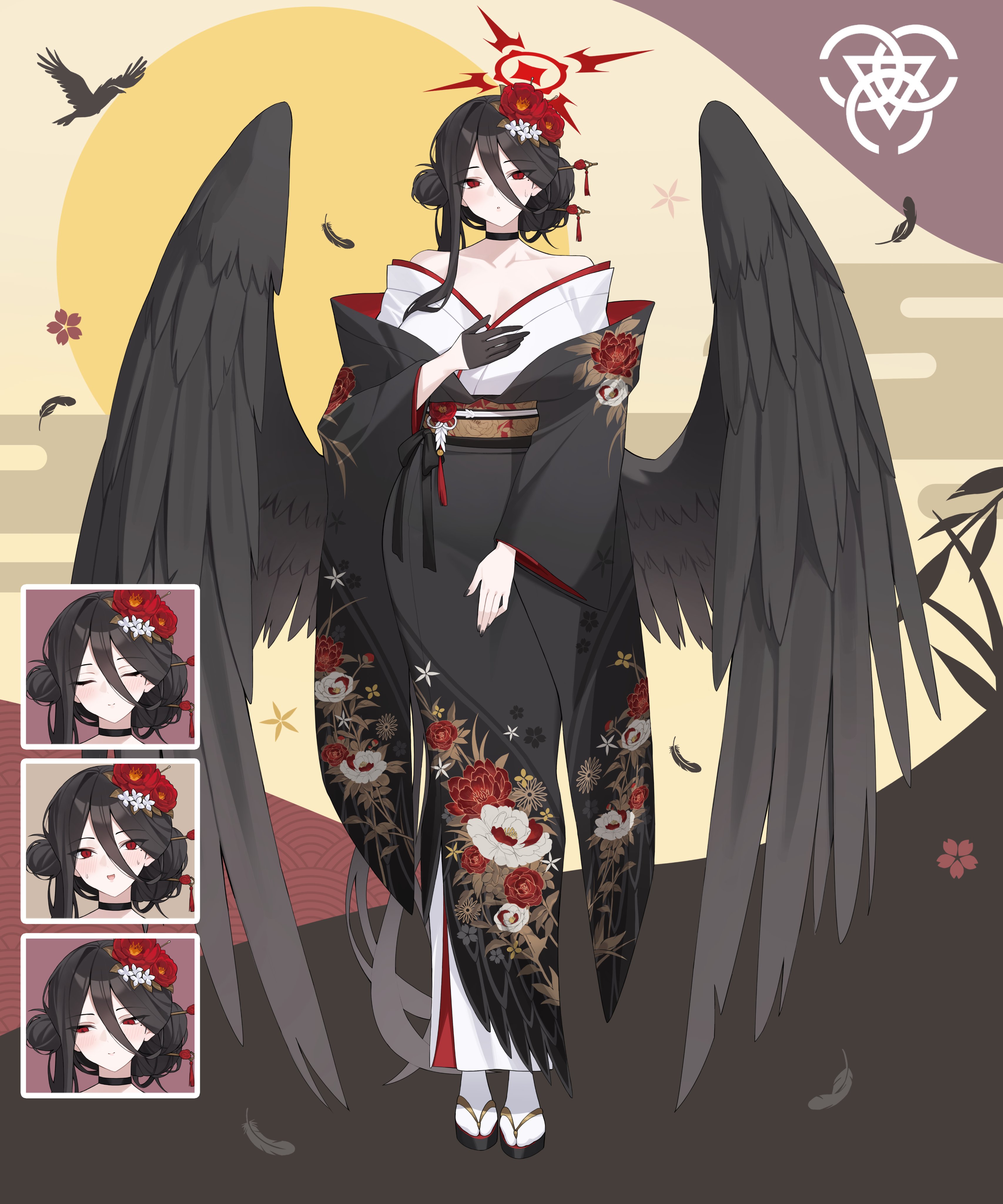 ddog, hasumi (blue archive), blue archive, absurdres, highres, 1girl, alternate costume, black choker, black gloves, black hair, black kimono, black wings, blush, breasts, choker, feathered wings, floral print, floral print kimono, flower, full body, gloves, hair between eyes, hair bun, hair flower, hair ornament, half gloves, halo, huge breasts, japanese clothes, kimono, long hair, looking at viewer, multiple views, obi, print kimono, red eyes, red flower, red halo, sash, single glove, standing, trinity general school logo, very long hair, white flower, wings