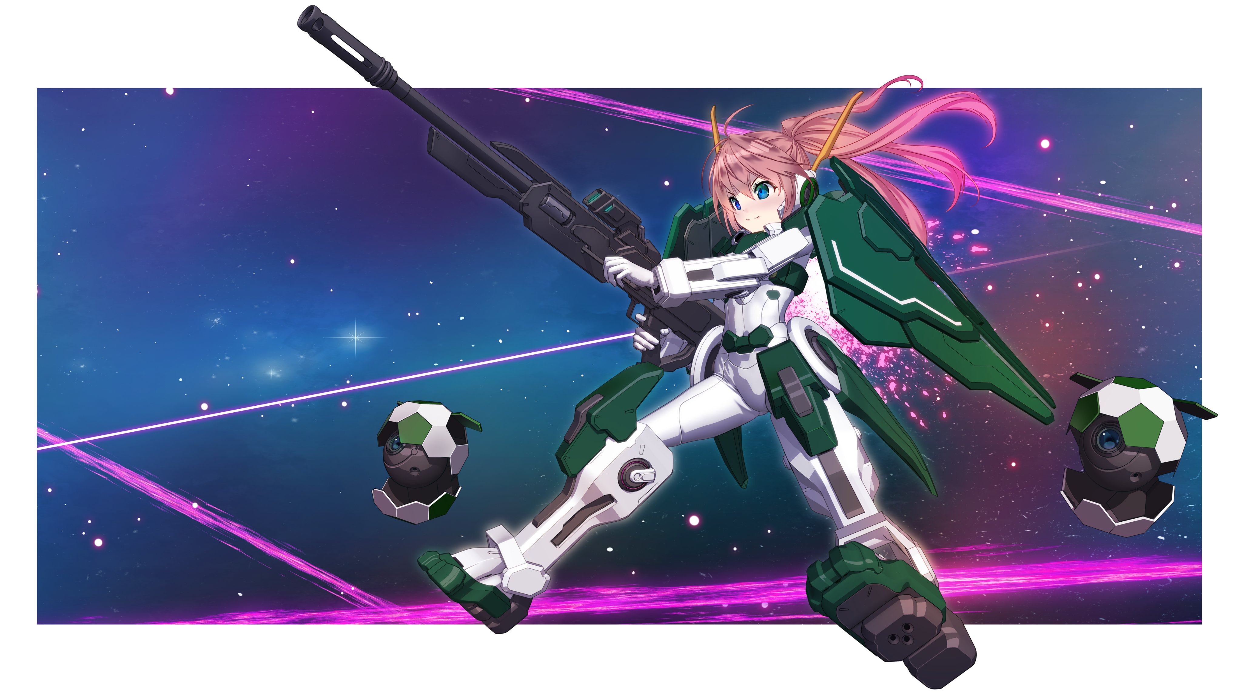 cherudim gundam, indie virtual youtuber, absurdres, artist request, highres, 1girl, beam rifle, bit (gundam), blue eyes, bodysuit, border, brown hair, cherudim gundam (cosplay), closed mouth, cosplay, energy beam, energy gun, gloves, green eyes, gun, high ponytail, hikari riria, holding, holding gun, holding weapon, long hair, mecha musume, multicolored eyes, outside border, ponytail, solo, space, virtual youtuber, weapon, white bodysuit, white border, white gloves