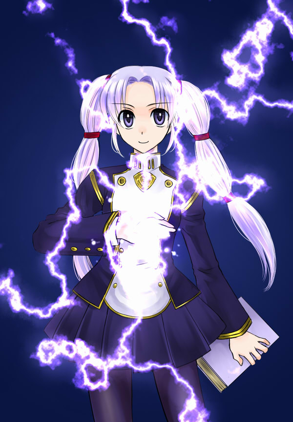 bo (774berry), tine (fire emblem), fire emblem, fire emblem: genealogy of the holy war, nintendo, uniform, 1girl, book, lightning, long hair, magic, multi-tied hair, pantyhose, purple eyes, purple hair, skirt, smile, twintails
